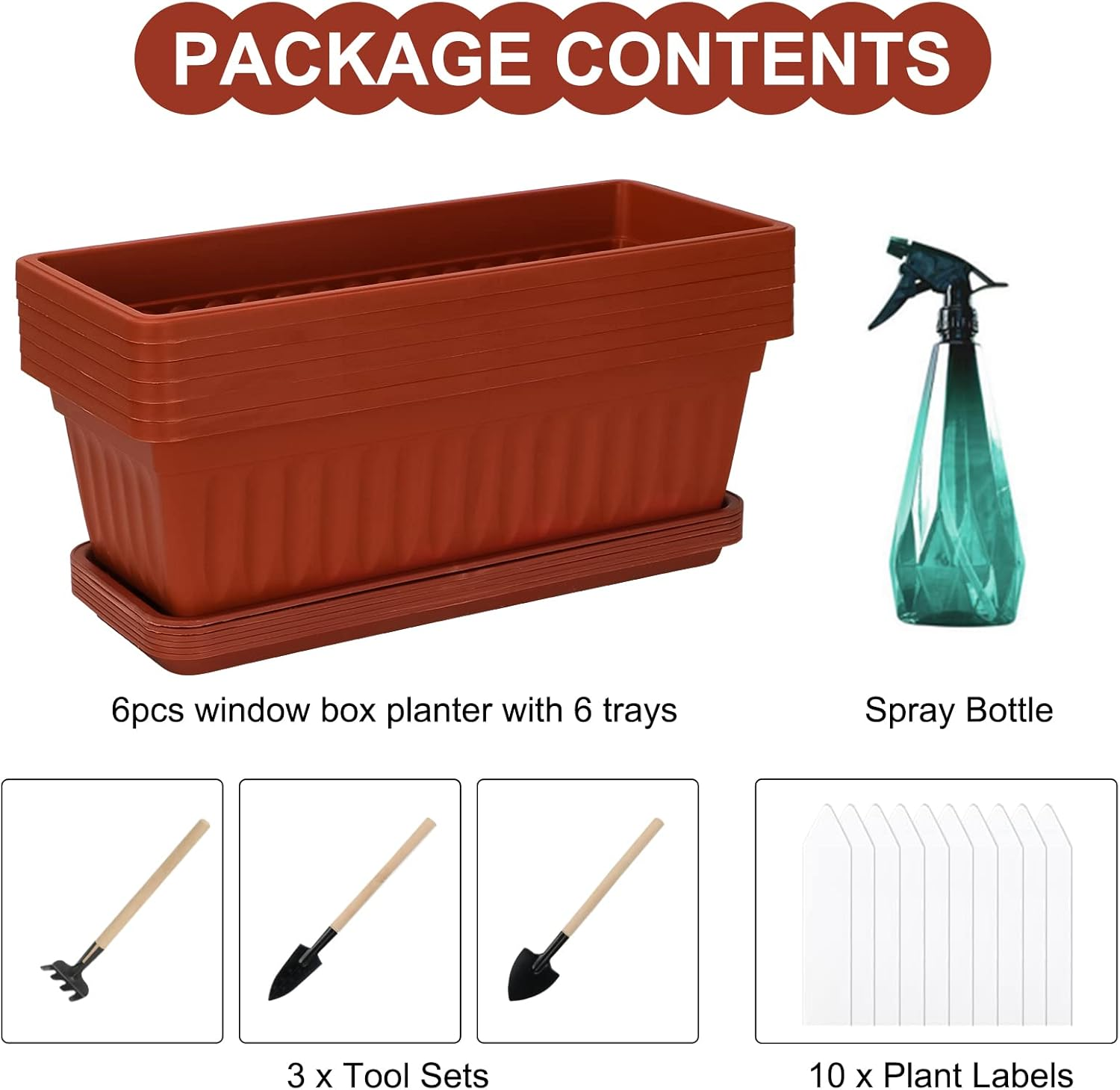 6 Packs Window Box Planter, 17 Inches Flower Window Box Rectangular Plastic Vegetable Planters with Trays for Windowsill, Patio, Garden, Balcony, Brick Red image number 4