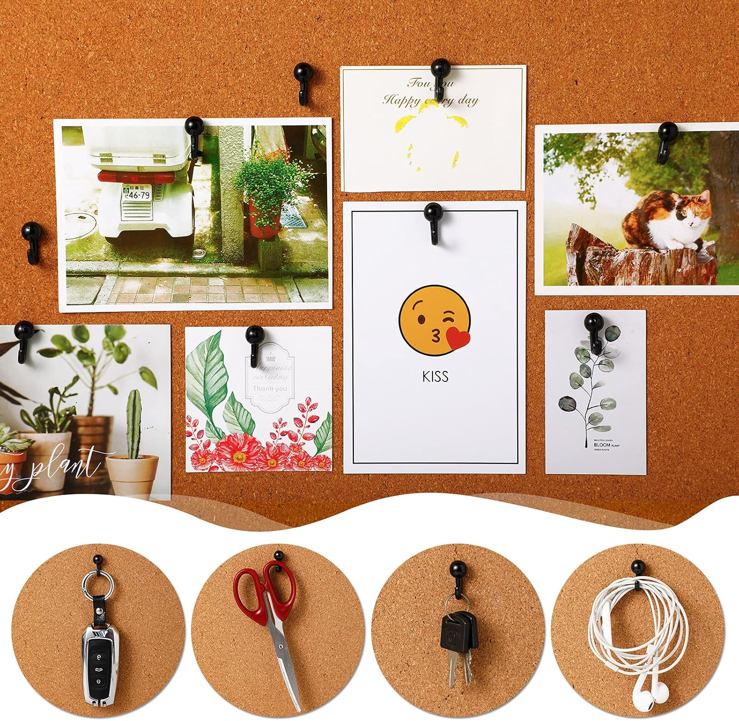 Tenare 50 Pieces Push Pin Hooks Plastic Heads Pin Tacks Decorative Wall Thumb Tacks Hanging Nails for Cork Bulletin Board Map Photos Calendar Home Office Supplies(Black) image number 5