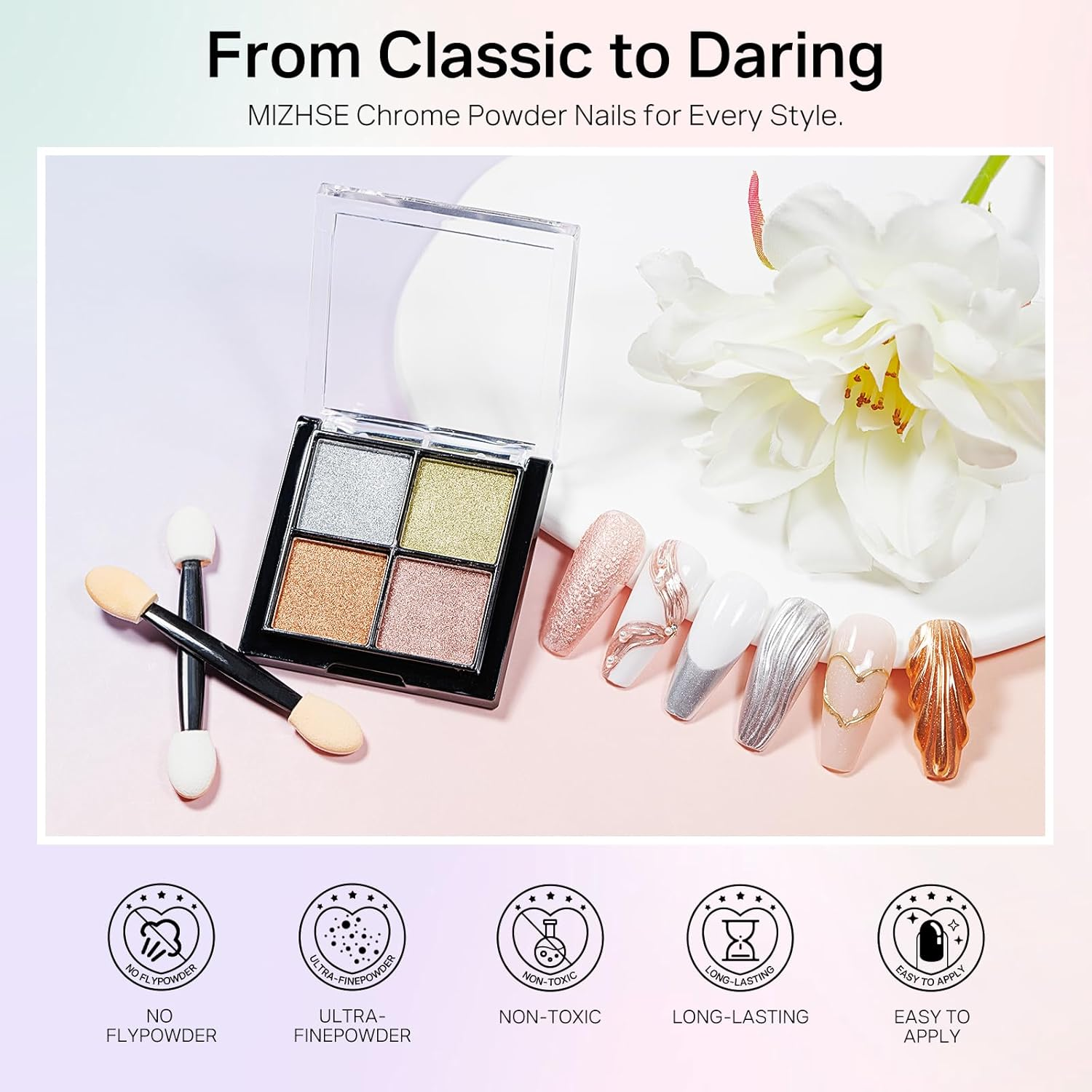 MIZHSE Chrome Nail Powder Wirh Applicators Gold Silver Mirror Effect 4 Colors Holographic Manicure Nail Art for Gel Nails Decoration Glitter Cromer Nail Powder for Home DIY Salon Use image number 3