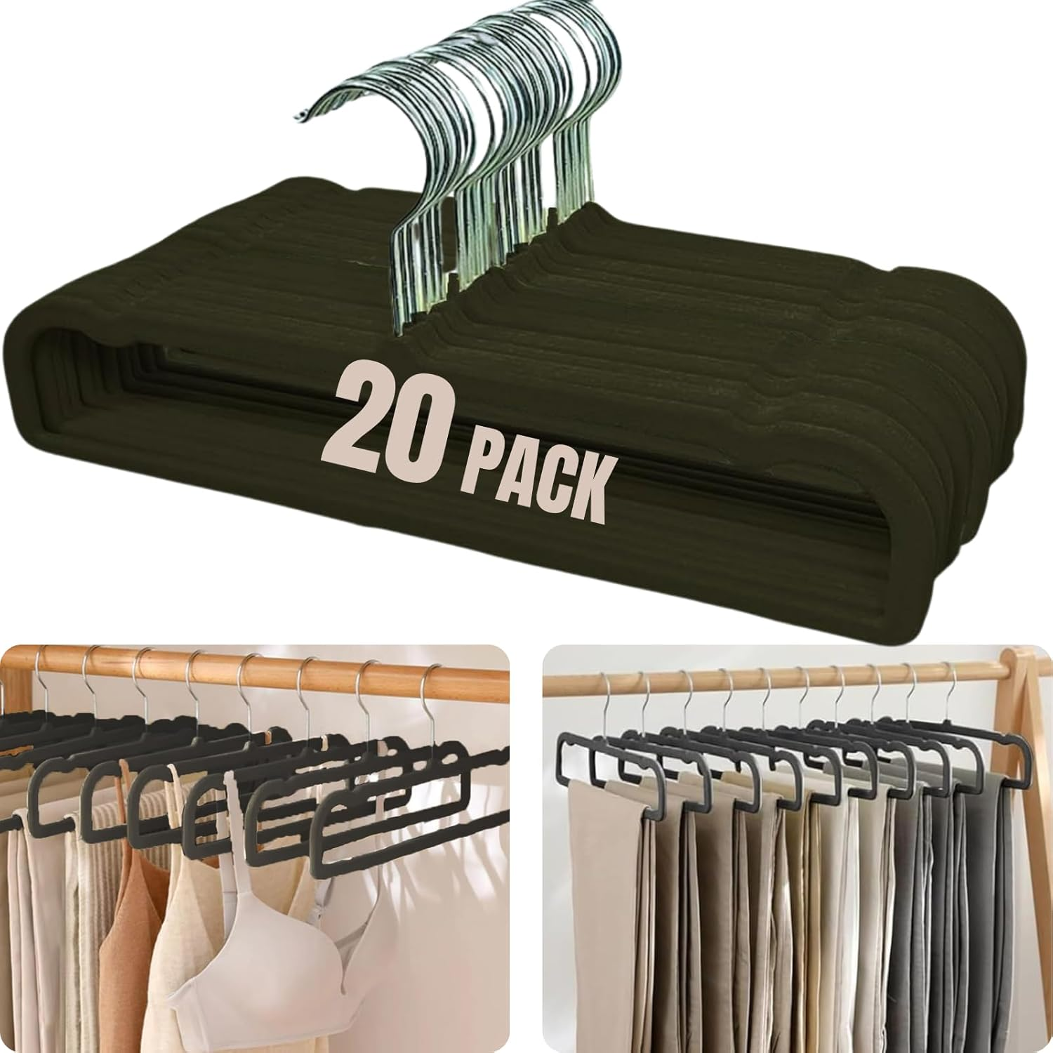 Velvet Trouser Hangers, JOMWEN Pant Hangers Hangers Saving Non Slip,35Cm Extra Strong Trouser Clothes Hangers,Space Saving Non-Slip Pants Hanger for Suit,Dress,Scraf (Black, 10 PCS)