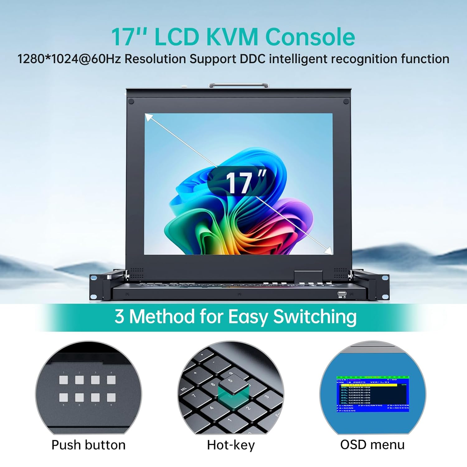 17" LCD KVM Switch 8 Port VGA, MT-VIKI 8X1 USB VGA KVM Console Drawer Rackmount for 1U 19" Rack + 8-Pack KVM Cables image number 4