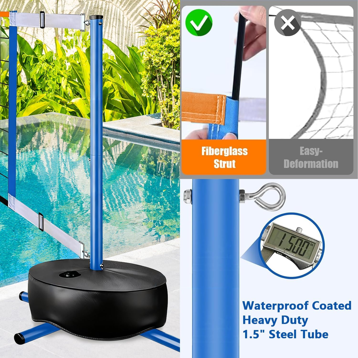 Portable Volleyball Set for Pool Games - Adjustable 15-25FT Net System with 2 Balls & Sturdy Base, Perfect for Tennis and Pickleball