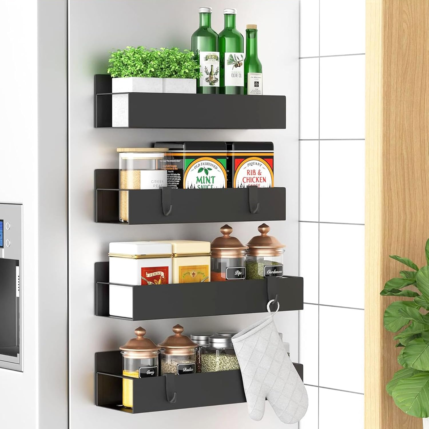 4 Pack Magnetic Spice Rack Organizer for Refrigerator, Magnetic Shelf for Refrigerator and Microwave Oven, Metal Fridge Organizers and Storage for Kitchen (Black) image number 6