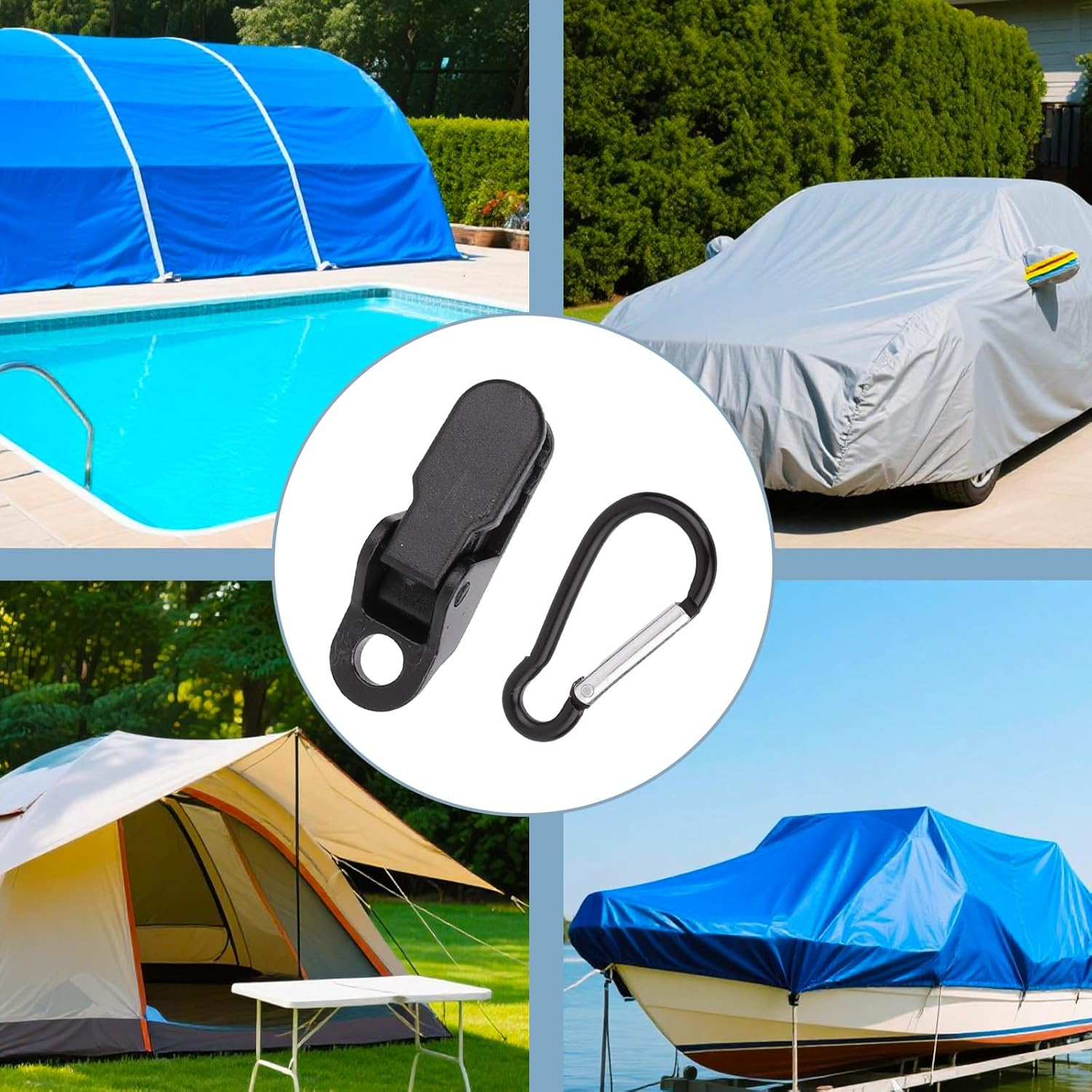 20Pcs Heavy Duty Tarp Clips with 20Pcs D Buckles, Adjustable Waterproof Tarp Clamps Reusable Tarpaulin Clips D-Shaped Hooks for Tents Canopy Boat Pool Cover image number 2