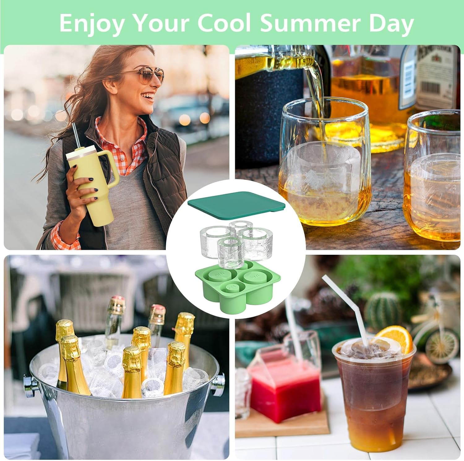 Ice Cube Tray for Stanley Cup, Silicone Ice Cube Molds for Stanley 20Oz 30Oz 40Oz Tumbler Cup, Ice Cube Trays with Lids for Chilling Cocktails,Whiskey,Drinks,Coffee - C-Green image number 3