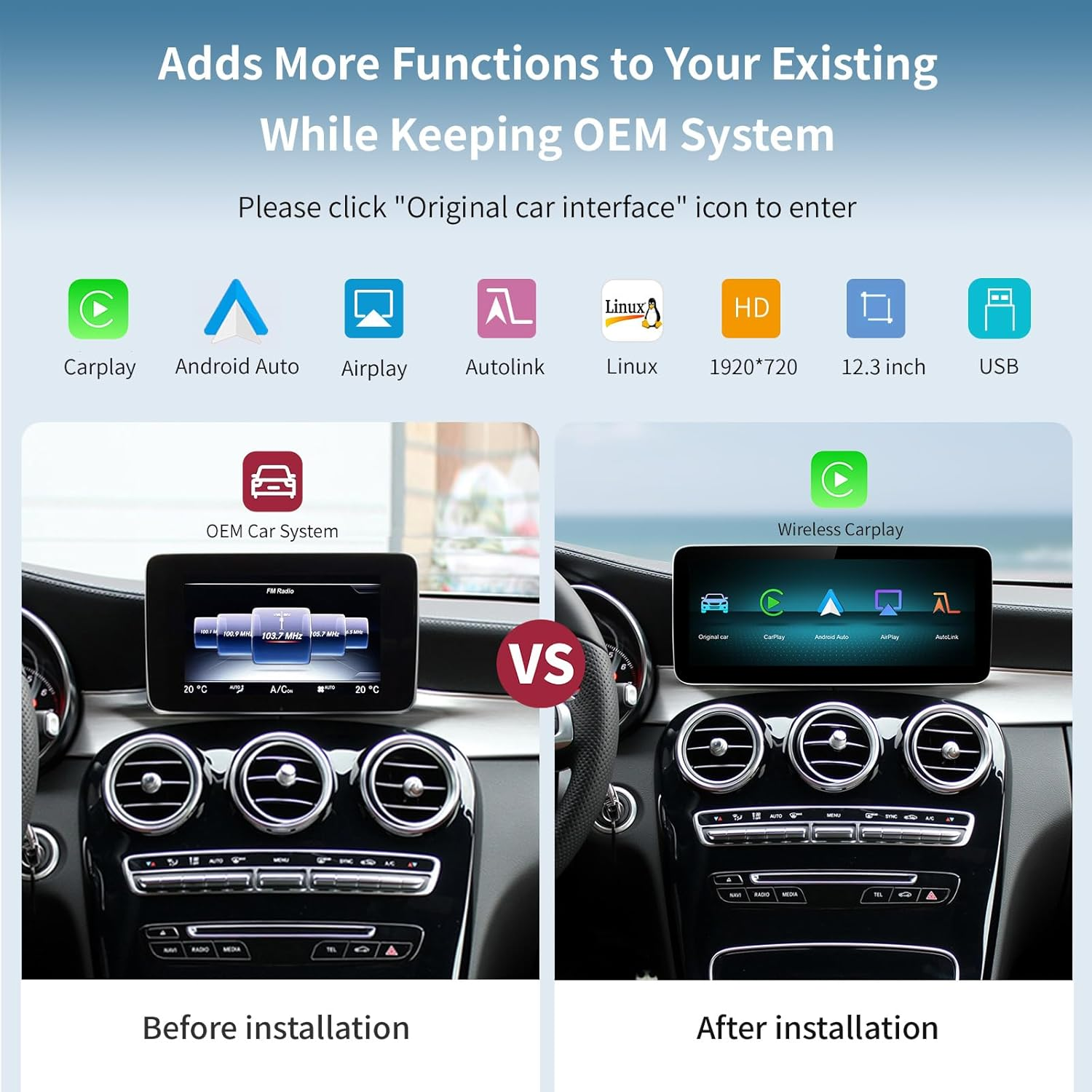 Autoabc Wireless Carplay/Android Car 12.3 Inch Touchscreen Multimedia Radio Receiver for Mercedes Benz NTG5.0 GLA CLA GLC Factory Car Radio Retain Original Amprifier Stereo Sound System HD 1920 X 720 image number 2