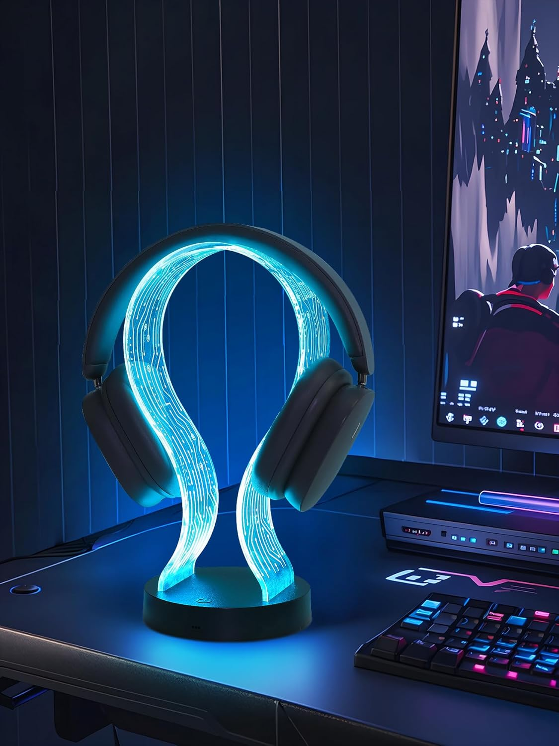 Light up Headphone Stand with 16 Color Lights, PCB Pattern Acrylic Headset Stand with 1 USB and 1 Type-C Charging Ports, Gifts for Gamers Men and Music Lovers image number 5