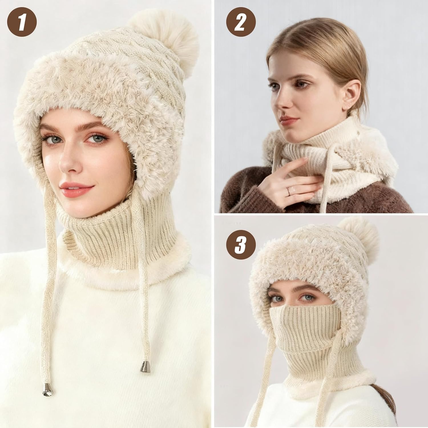 Bobble Hat for Women, 3 in 1 Winter Knitted Beanie Hat with Neck Warmer and Face Cover, Thick Fleece Lined Windproof Thermal Wooly Hat for Cycling Skiing Cold Weather