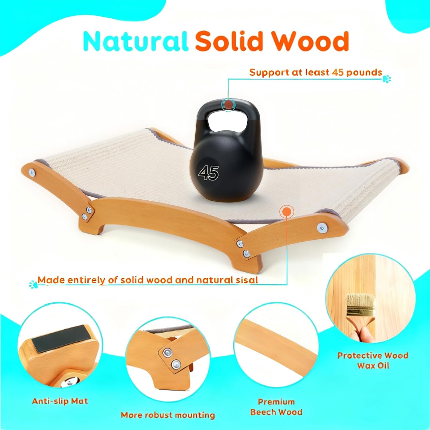 Extra Large Sisal Cat Scratcher Bed with Hammock, Durable Natural Sisal Scratch Pad and Post for Indoor Cats to Lounge Sleep and Scratch, Sturdy Solid Wood Frame Upgraded