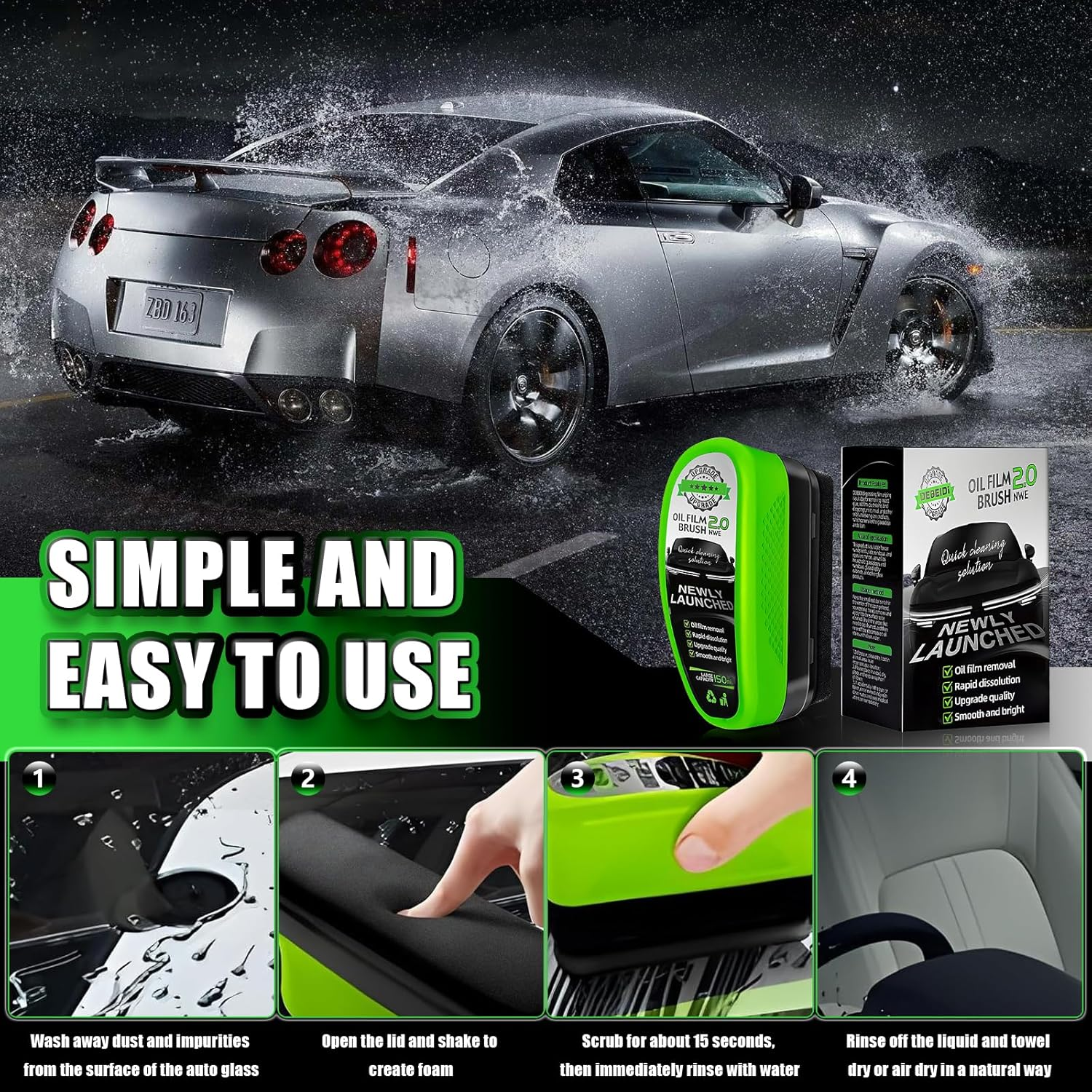 Upgraded Oil Film Brush 2.0 - Clear Vision Windshield Cleaner for Car Windows, Reusable Automotive Glass Cleaning Brush to Remove Dirt, Oil & Fog, Improve Clarity & Visibility in All Weather (1-Pack) image number 1