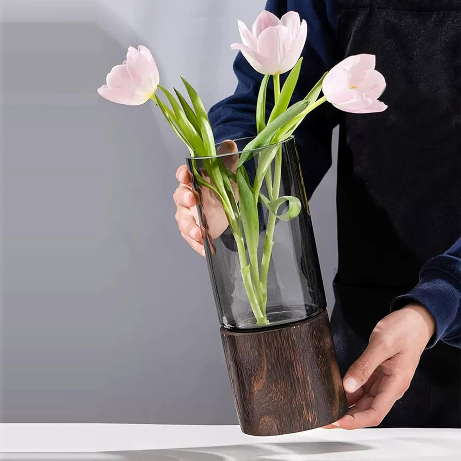 BAKAMITAYI Wood Glass Vase,Wooden Base Cylindrical Flower Vase,10" H,Classic Boho Rustic Style for Fireplace Bedroom Kitchen Living Room Centerpieces Office Desk image number 4