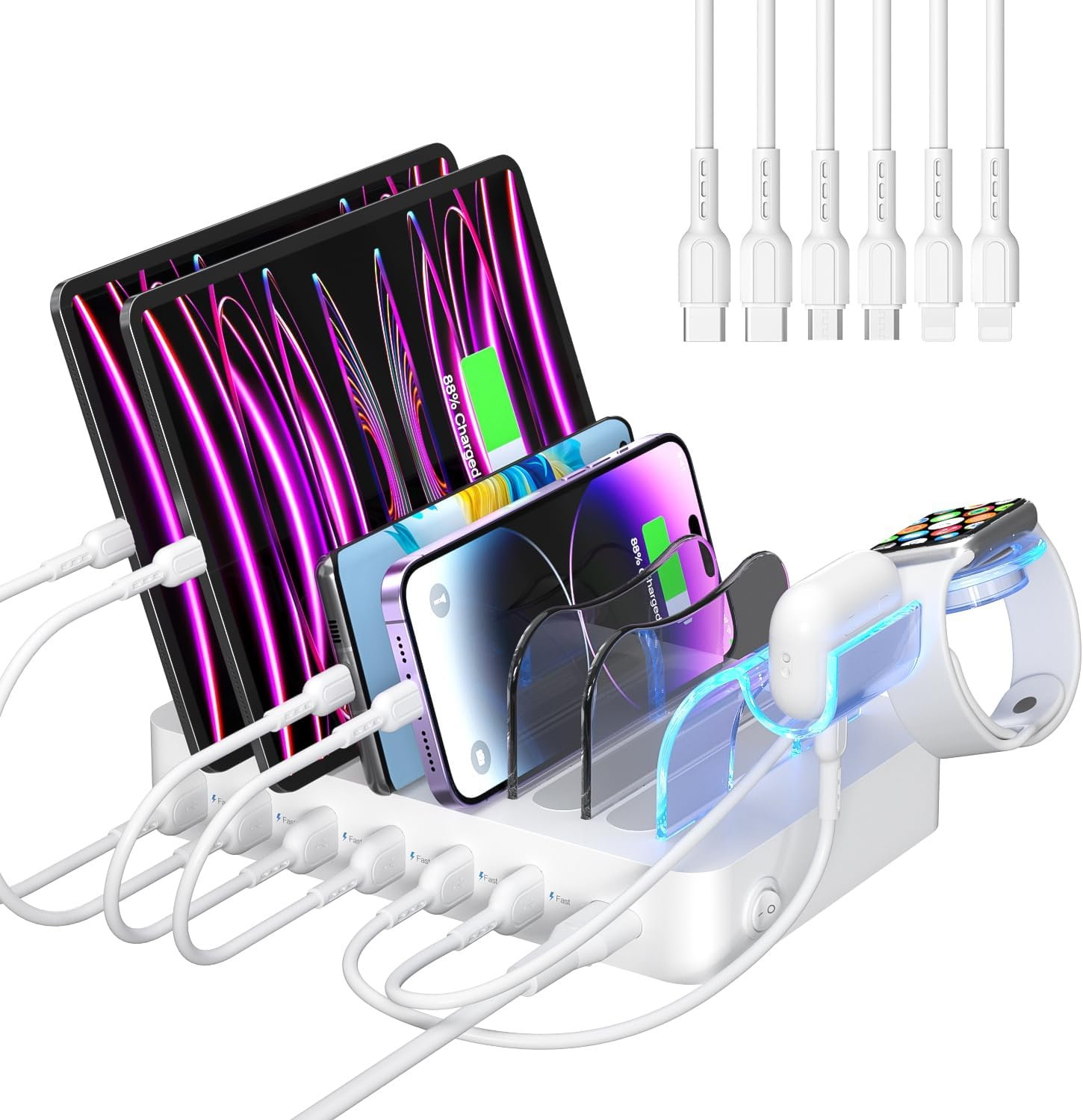 Soopii Premium 6-Port USB Charging Station Organizer for Multiple Devices, 6 Short Charging Cables and One Upgraded I-Watch Charger Holder Included, for Phones, Tablets, and Other Electronics,Silver