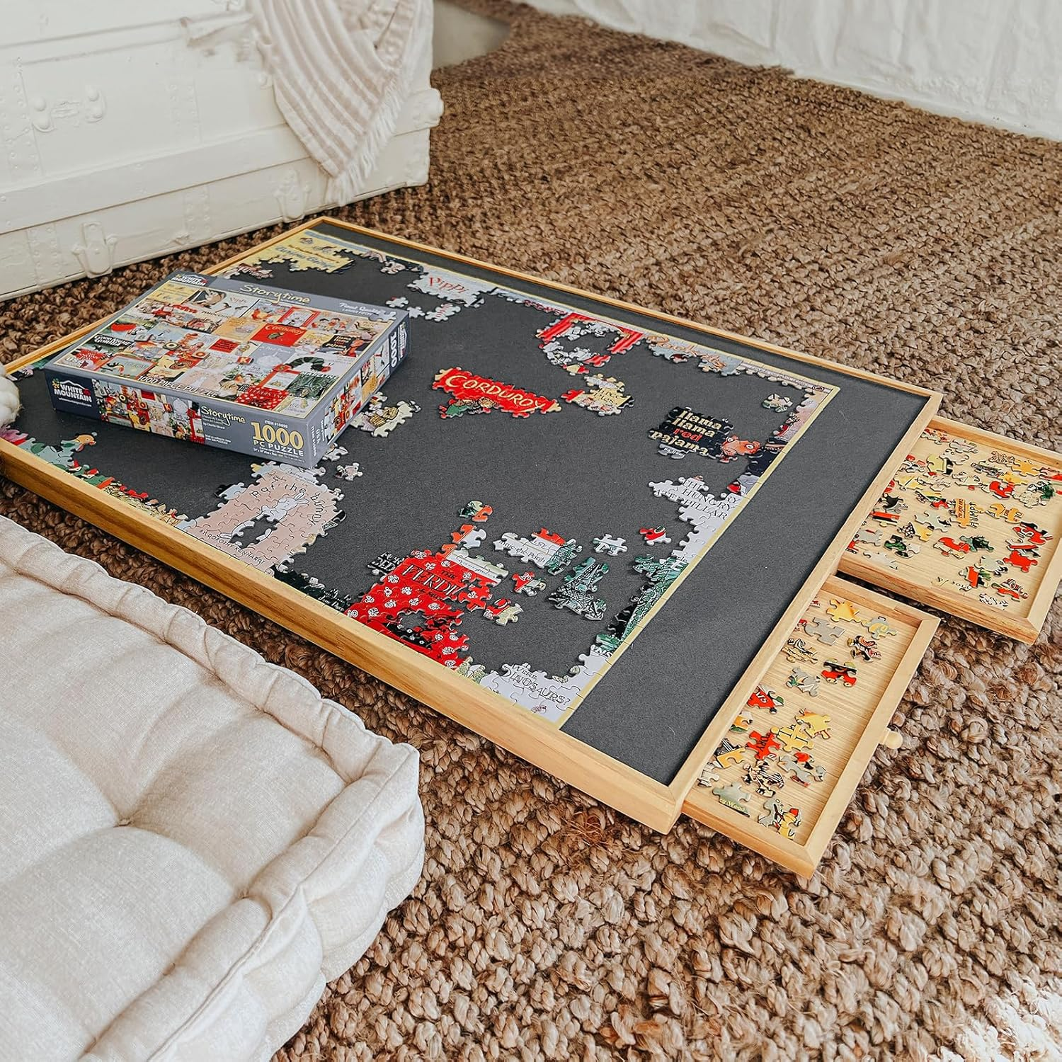 TEAKMAMA 1500 Piece Rotating Jigsaw Felt Puzzle Board with 4 Drawers & Cover, 34.2&rdquo; X 26'' Wooden Table, Lazy Susan Design for Adults and Kids Portable image number 3