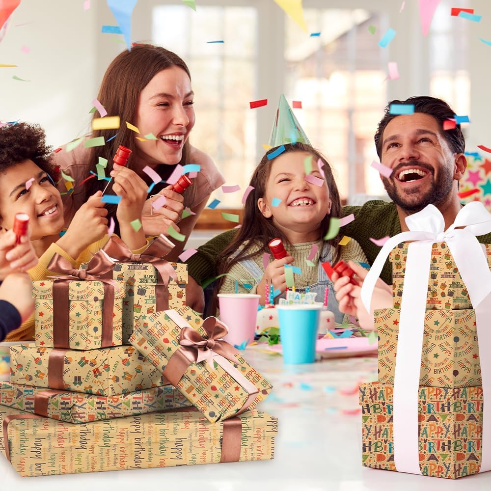 Rugwioyu Happy Birthday Paper 12 Sheets 20X27In Folded Flat Gift Wrapping Paper 4 Style Sports & Birthday Themed Gift Wrapping Supplies