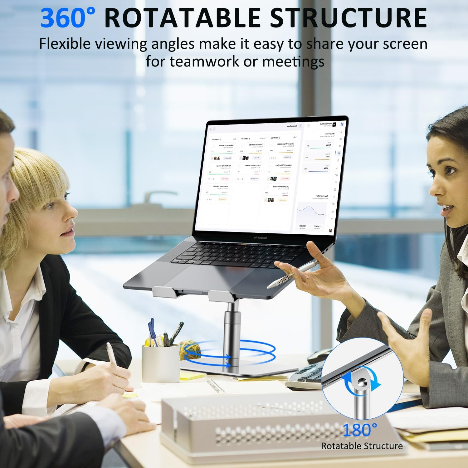 Laptop Stand, Necomi Upgraded Desktop Laptop Stand, 360&deg; +180&deg; Rotation Height Adjustable Stand, Aluminum Ergonomic Computer Stand for Coworking, Fits All Laptops, Tablets, Books from 10''-17" image number 4