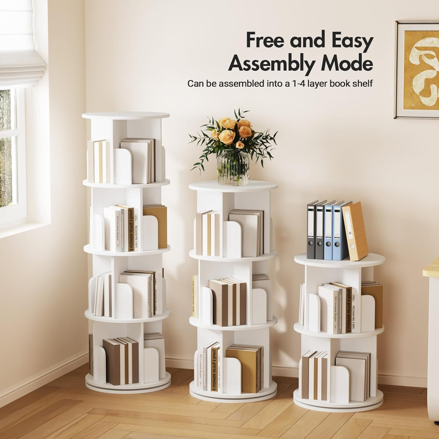 Advwin 4-Tier Rotating Bookshelf 360&deg; Revolving Bookcase Corner round Display Shelf for Living Room Office Kids Room Nursery, White image number 5