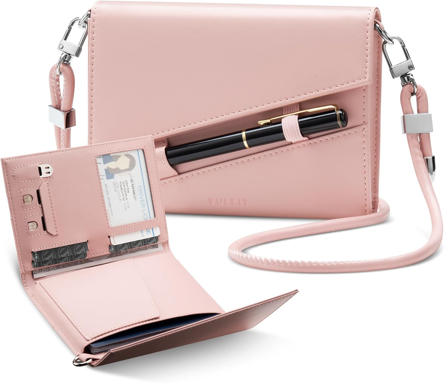 VULKIT Passport Holder Wallet for Travel, RFID Blocking Leather Passport Card Cover Case Travel Essentials with Lanyard for Men and Women Pink