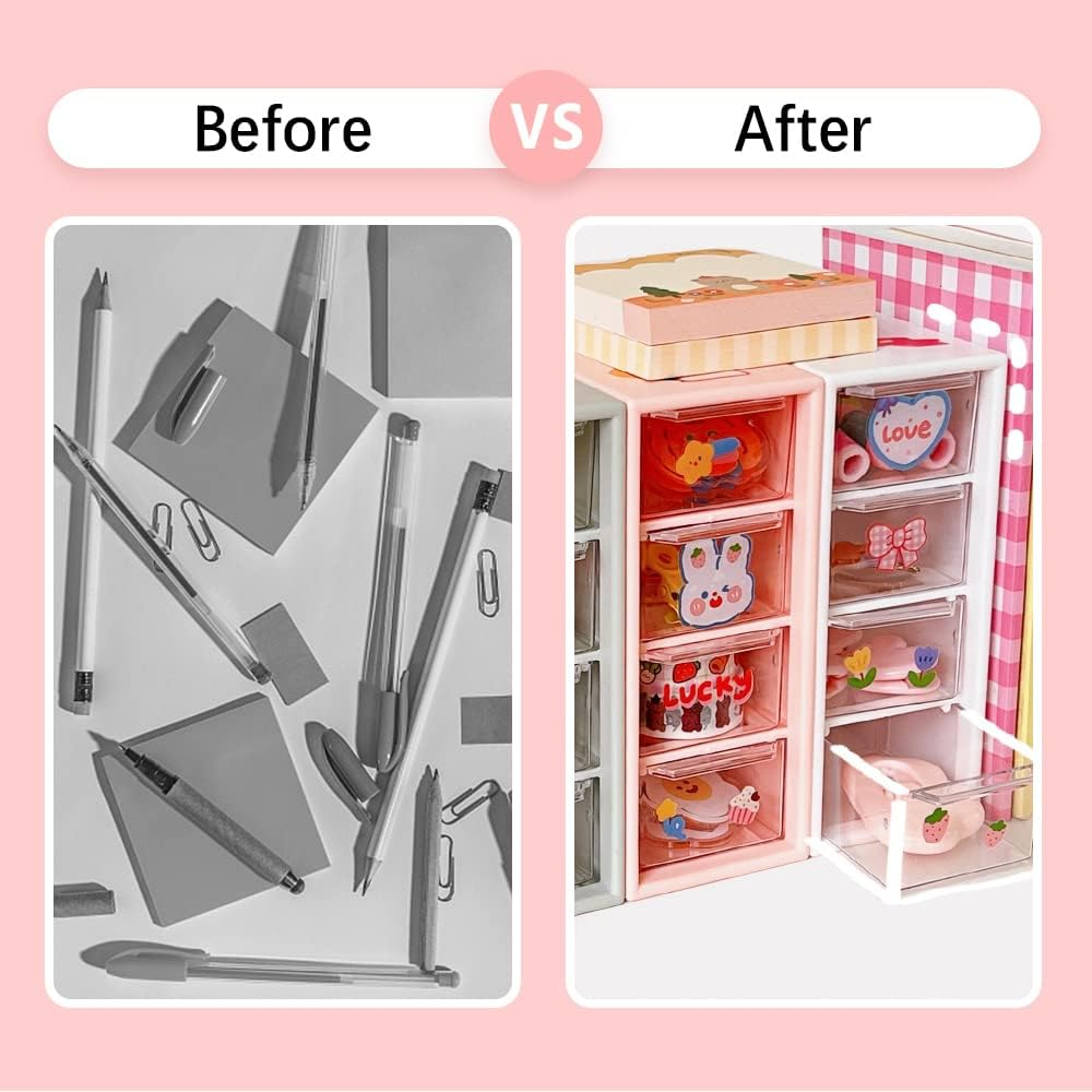 2PCS Desk Organizer with 4 Drawers,Desk Storage Box,Rectangular Desktop Drawers,Plastic Drawers Organizer, Makeup Storage, Detachable Design, Suitable for Office, School, Home (White 2PC) image number 2