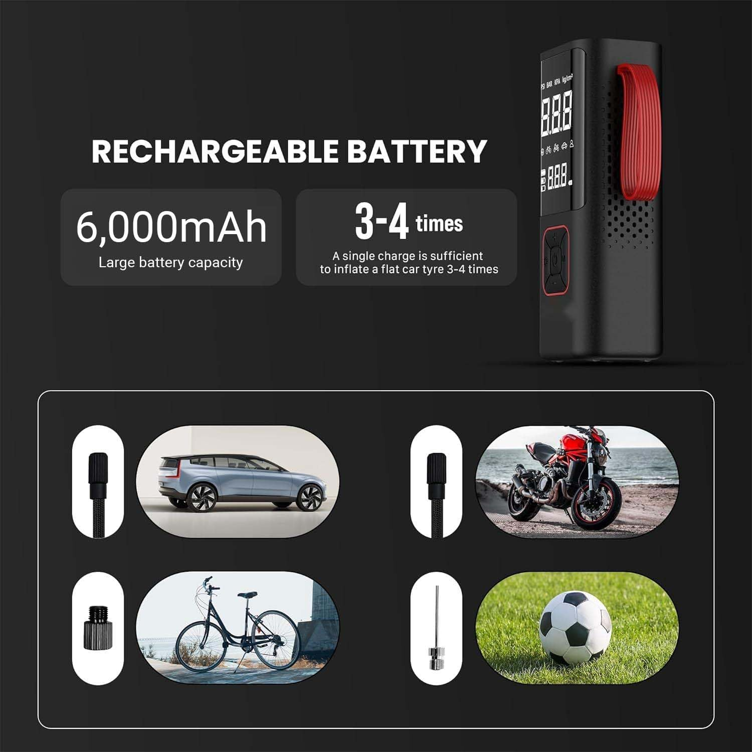 ROOBOOST Tyre Inflator, 6000Mah Cordless Air Compressor, 150PSI Pressure Digital Gauge, Car/Bike/Ball/Air Pump, USB Type-C Charger, Emergency Light. RB-TL80 Cordless Tyre Inflator & Power Bank image number 2