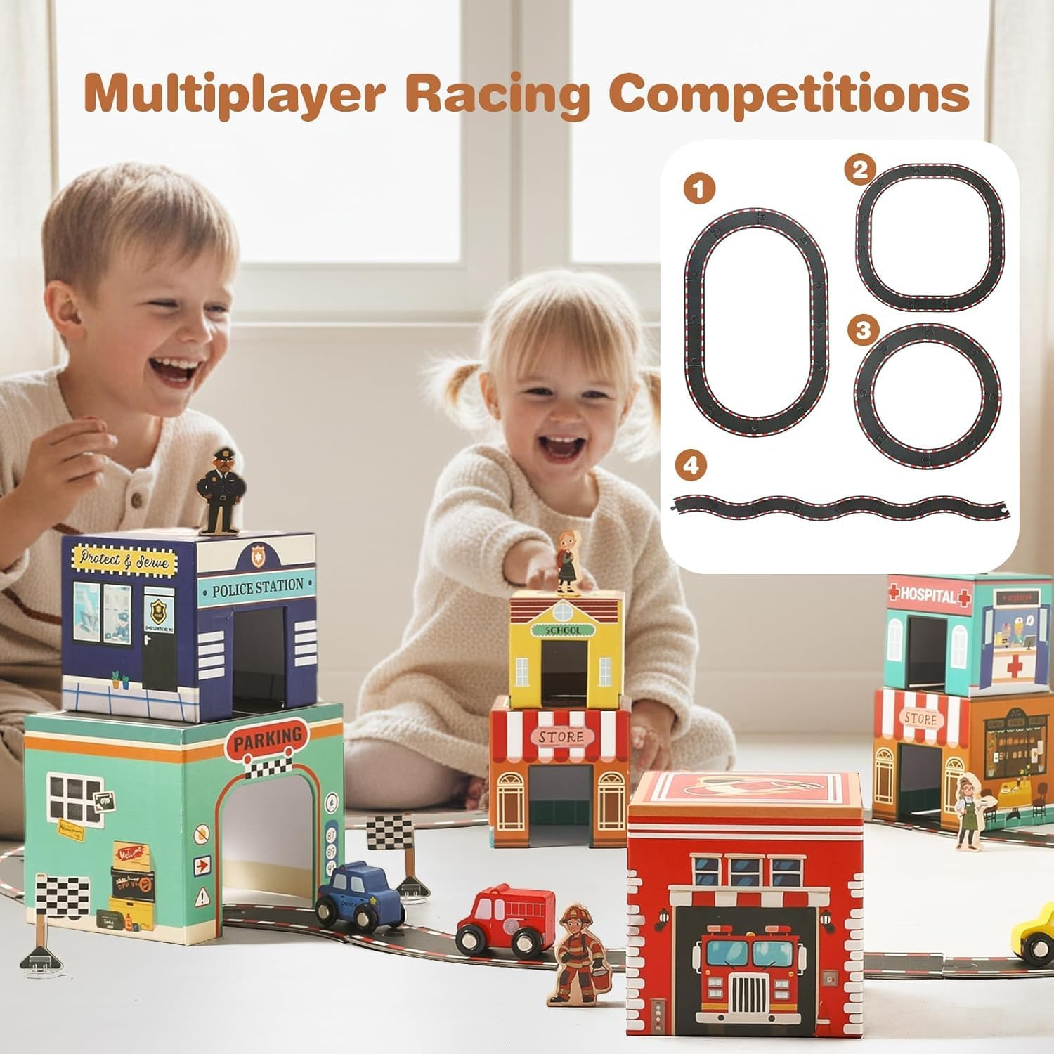 3-In-1 Sorting and Stacking Toys for Toddlers 1-3 with Building Blocks, Wooden Community Helpers, Montessori Nesting Boxes for Preschool Learning Stocking Stuffers for Boys Girls image number 5