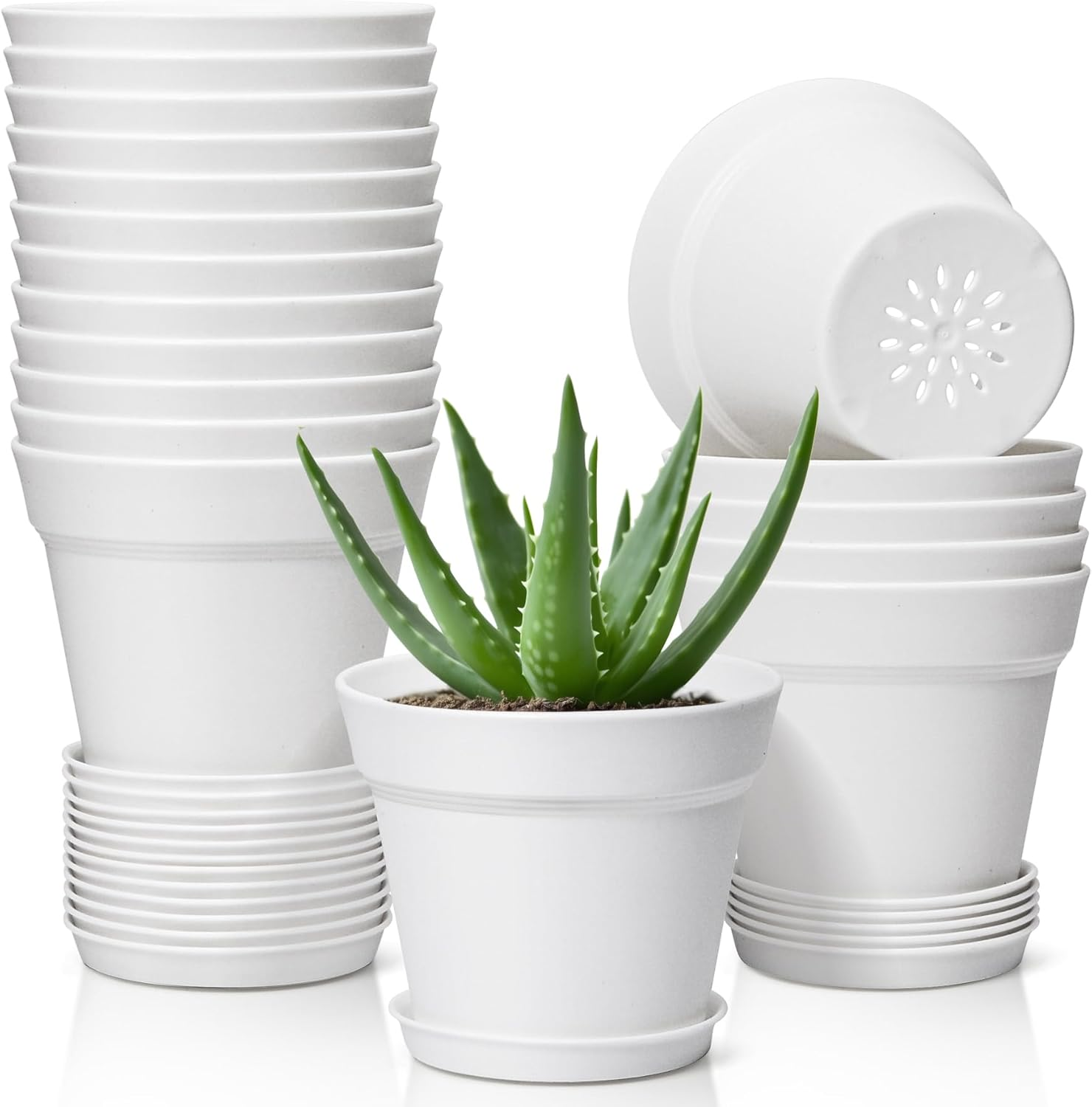 T4U 5 Inch Plastic Planters 18-Pack - Small Plant Pot with Drainage Hole and Saucer, Decorative Nursery Flower Pot Bulk for African Violet, Snake Plant, Aloe and All House Plants Indoor (White) image number 1