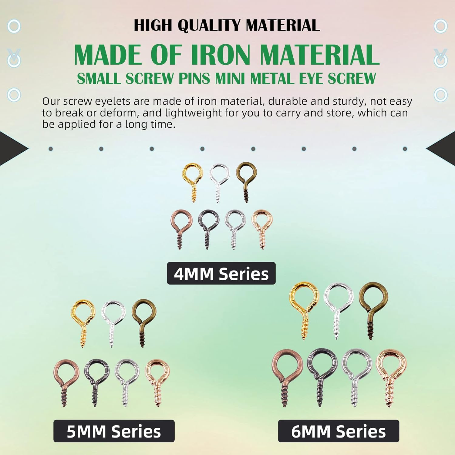 Keadic 1610Pcs 7 Color Small Screw Eye Pins Size Assorted Set, Metal Mini Eyelet Screw Threaded Clasps Hooks for DIY Charm Pendants Jewelry Making (0.16&rdquo; X 0.32&rdquo;, 0.2&rdquo; X 0.39&rdquo;, 0.24&rdquo; X 0.5&rdquo;) image number 2