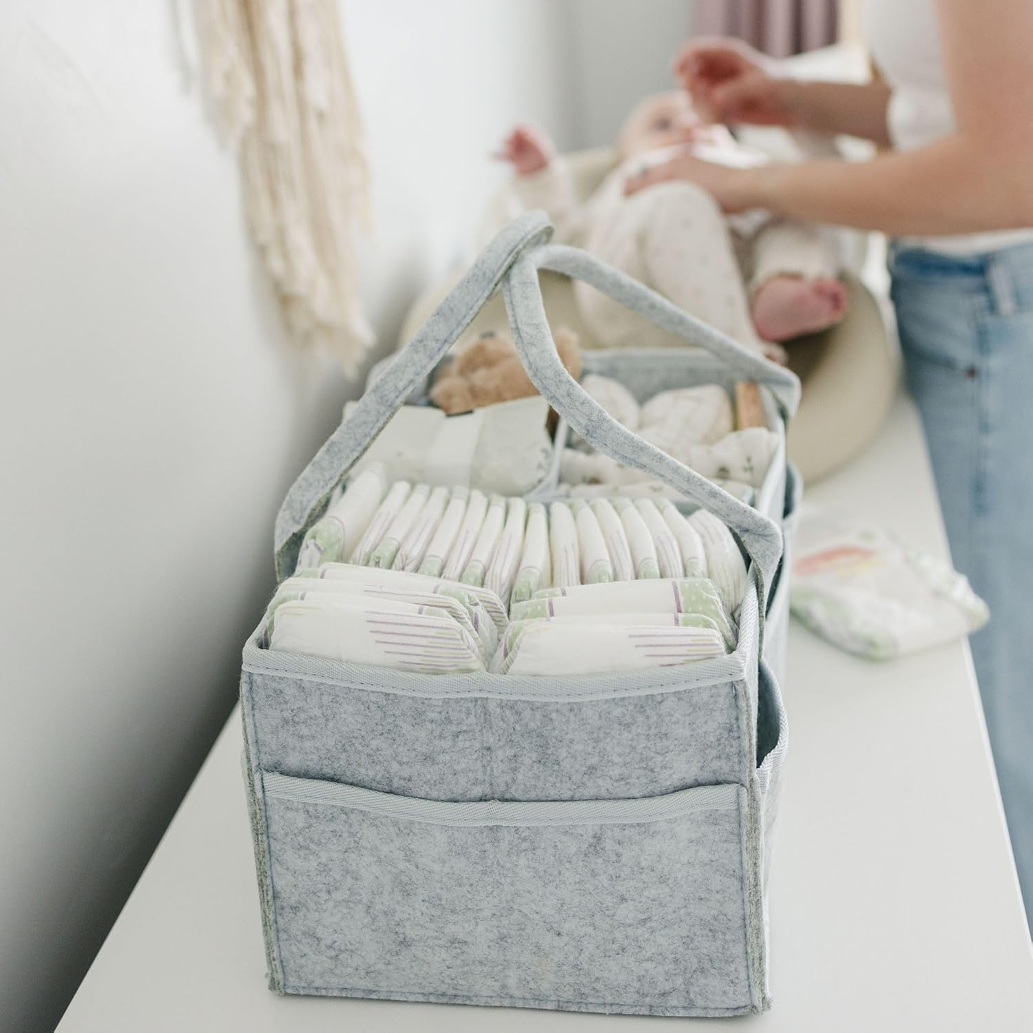 PUTSKA Baby Diaper Caddy Organizer - Nursery Storage Basket for Diaper Station, Baby Basket Shower Gift List and Registry Must-Have, Newborn Essentials, Nursery Decor for Boy or Girl - Grey, Large image number 5