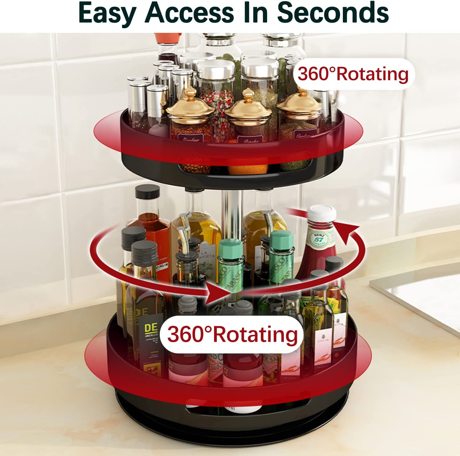 2 Tier Lazy Susan 360&deg; Turntable Kitchen Spice Storage Organizer Rack, Height Adjustable Rotating Tray for Kitchen Cabinet Pantry Bathroom, Condiments Storage Rack image number 2