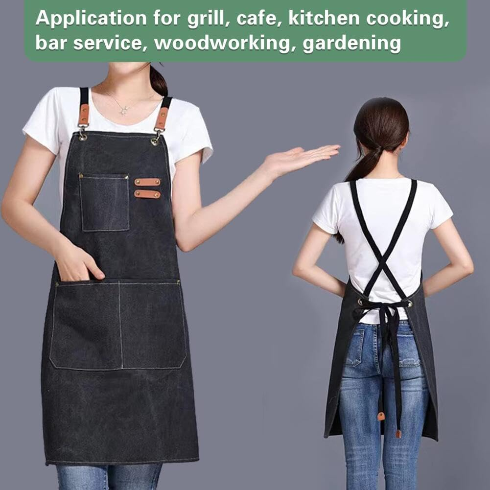 Dolemay Chef Aprons for Men Women,Cotton Canvas Cross Back Apron with Large Pockets & Adjustable Straps Kitchen Cooking Aprons Water-Resistant for BBQ Work Painting Kitchen Gardener Chef Baking