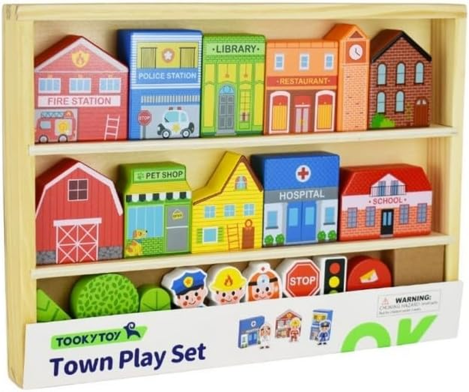 Tooky Toy Town Play Set in Wooden Case: Wooden Town Building and Figurines Pretend Play City Set image number 6