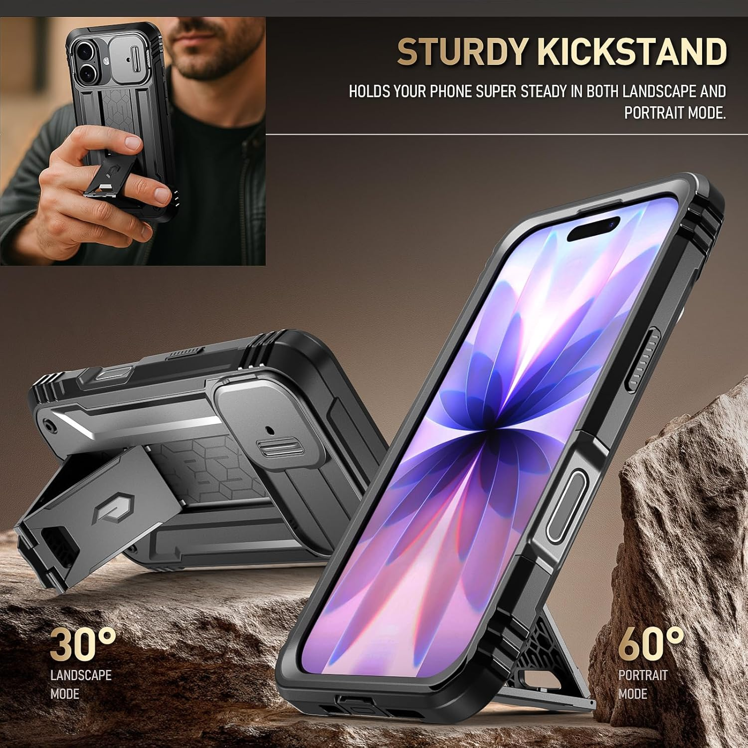 Poetic for 17 Case with Camera Control Capture Button, [Slide Camera Cover] [Built-In Stand] [Built-In Screen Protector] Full-Body Military Grade Rugged Phone Case for 17, Black image number 2