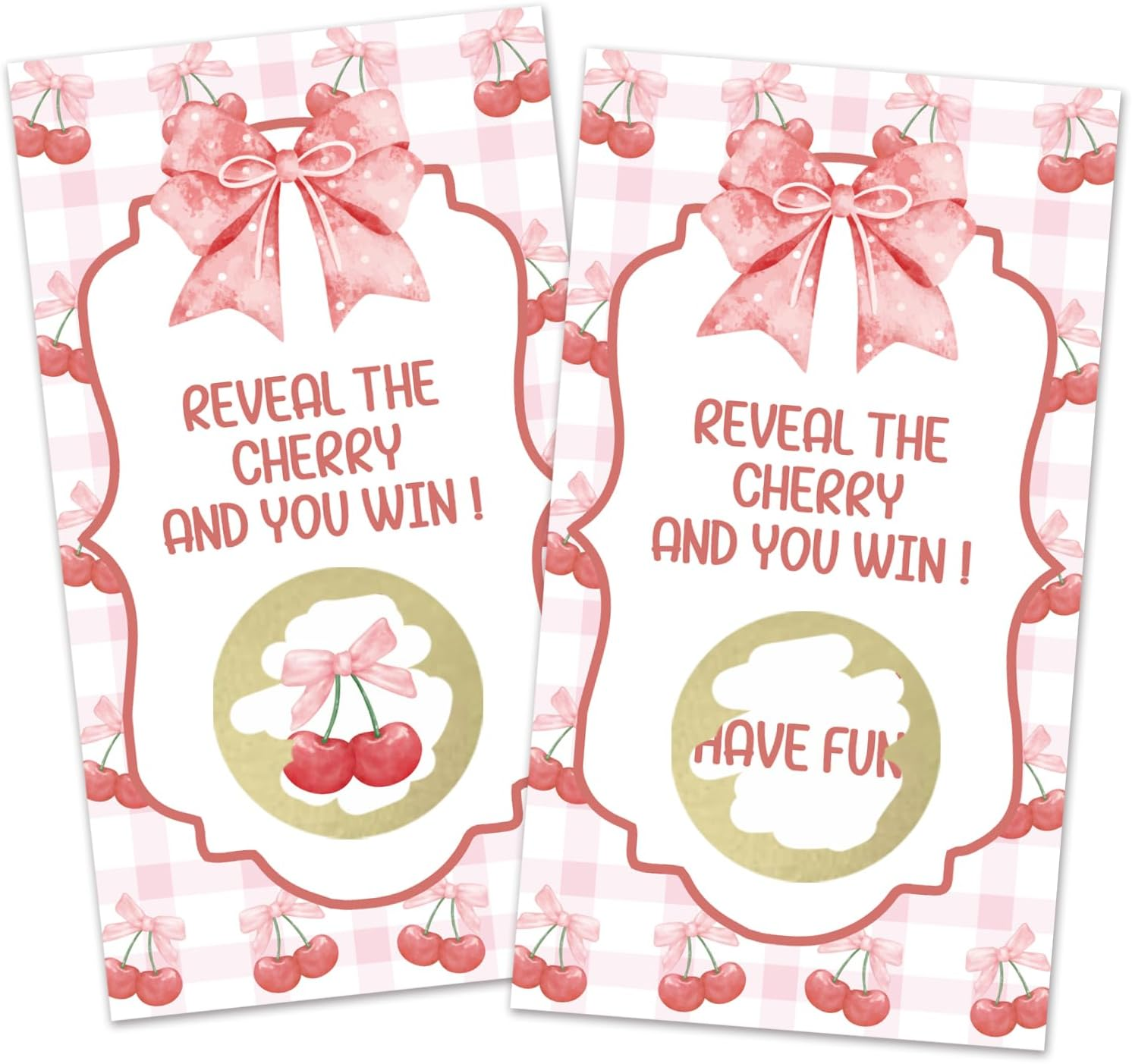 192REWIDPARTY 32 Pcs Cherry Theme Scratch off Cards, Watercolor Pink Bow Scratch off Tickets, Cherry Baby Shower Prize Raffle Tickets, Funny Birthday Baby Shower Party Cards Supplies for Family Friend image number 1