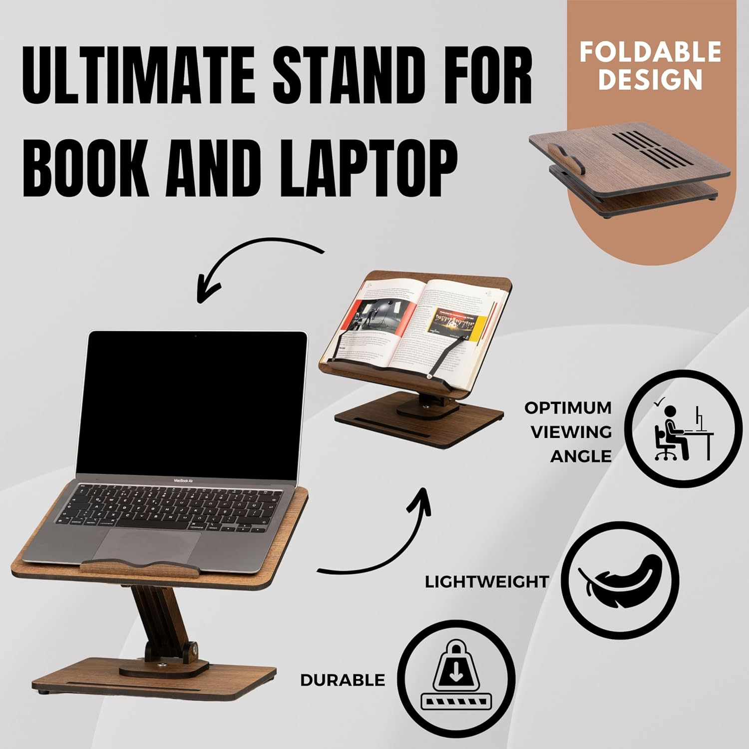 Vigo Wood Book Stand for Reading 360&deg; Adjustable, Wooden Laptop Stand, Cookbooks Holder, Music Scores, Featuring Multi-Height Angles and Foldable Design with Page Clips. image number 4