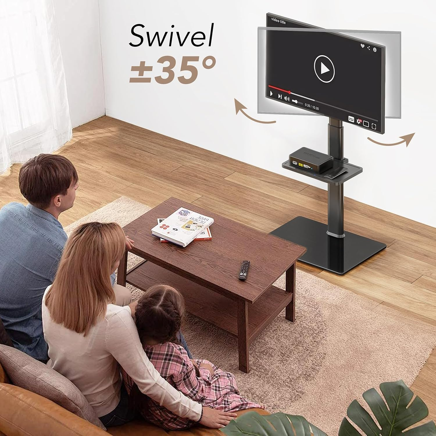 Universal Floor TV Stand with Mount 70 Degree Swivel 9 Level Height Adjustable and Space Saving Design for Most 27 to 65 Inch LCD, LED OLED Tvs One Shelf - White image number 6