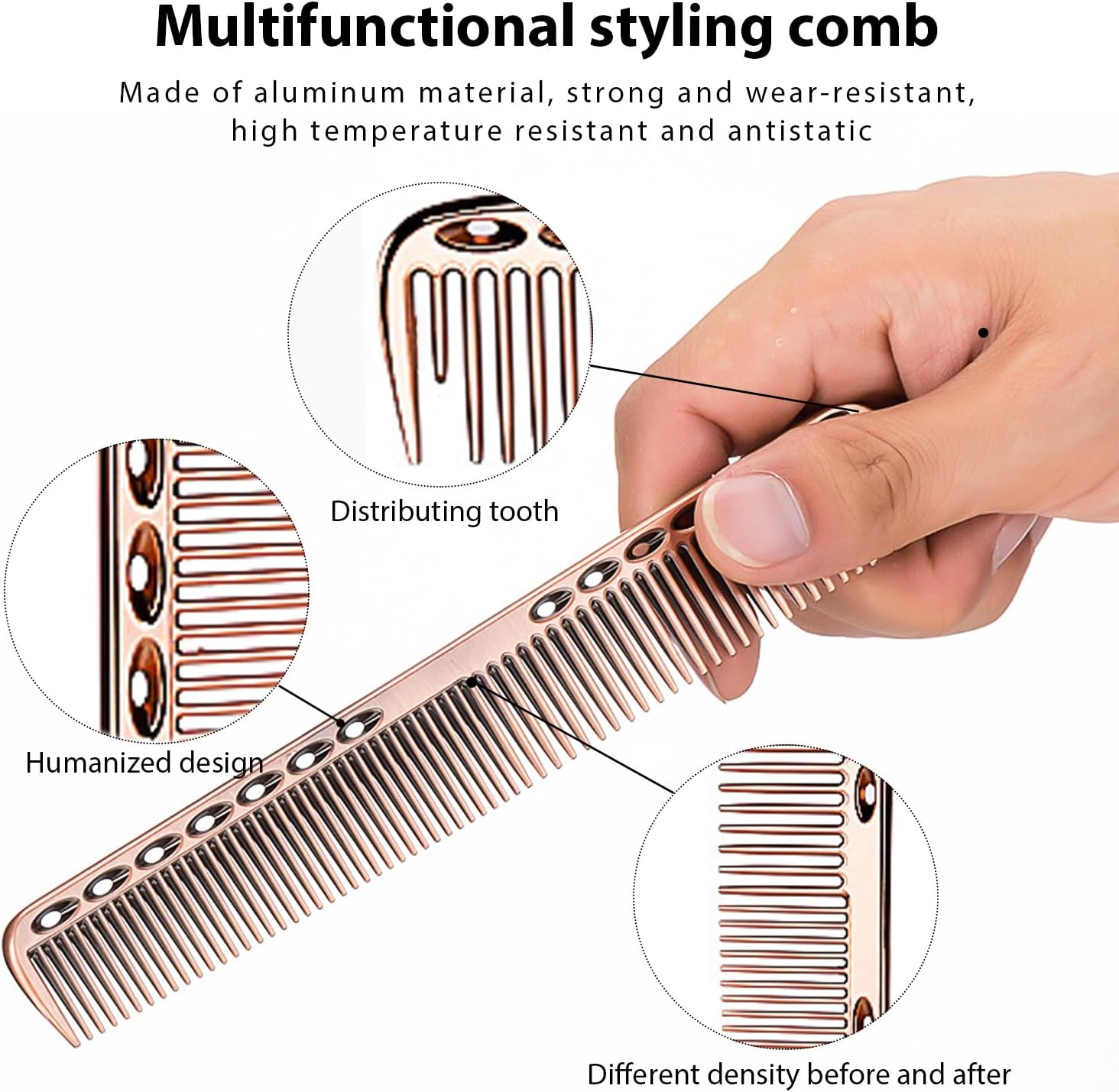 2 Professional Hairdressing Combs, Multifunctional Styling Comb, Sparse and Fine Density Hair Combs, Aluminium Hairdressing Tools, Suitable for Salons and Families (Silver, Rose Gold) image number 2