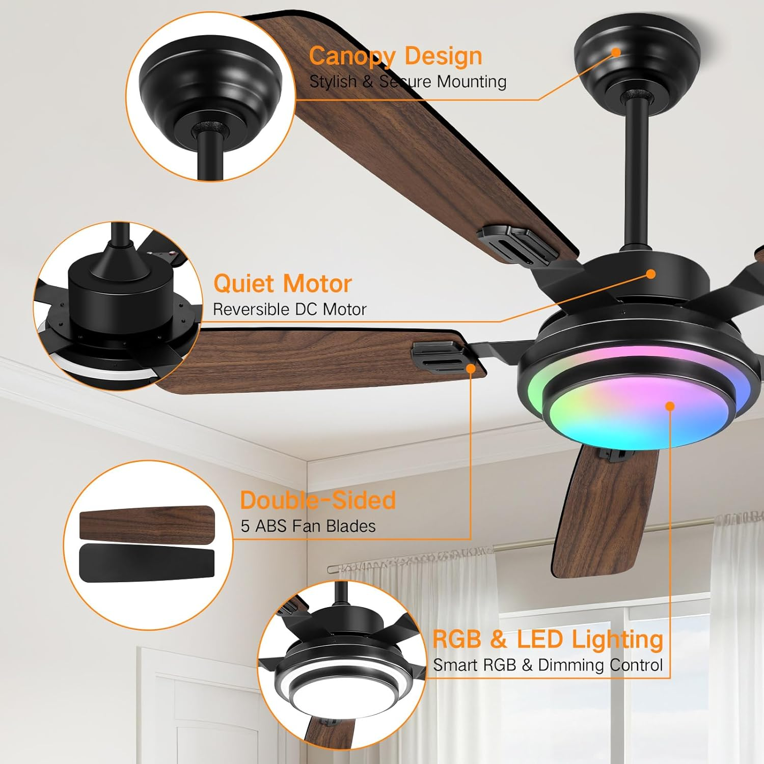 OUTON 52 Inch RGB Ceiling Fan with Light, Remote & APP Control, Low Profile Ceiling Fans, Reversible 6 Speeds, 3000-6500K Stepless Dimming, Modern Ceiling Light for Bedroom Indoor Outdoor Use, Walnut image number 5