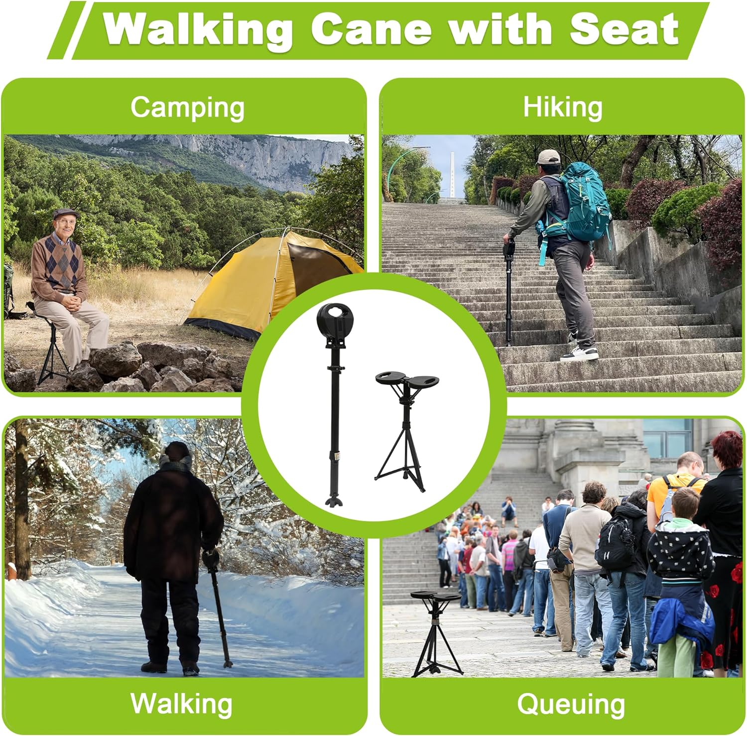 ALEVMOOM XXL Portable Cane Stool with Cushion, Adjustable Foldable Cane with Seat,Walking Stick with Seat,Max Loading 550Lbs,Sturdy and Lightweight Aluminum and Ergonomic Design with Carry Bag