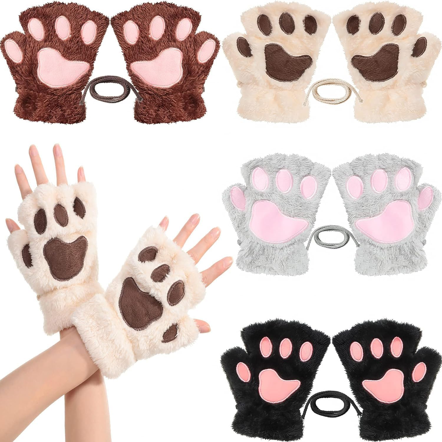 Acemedia 4 Pairs of Cute Cat Claw Gloves, Fingerless Gloves, Bare Gloves, Half-Fingered Gloves, Winter Plush Gloves