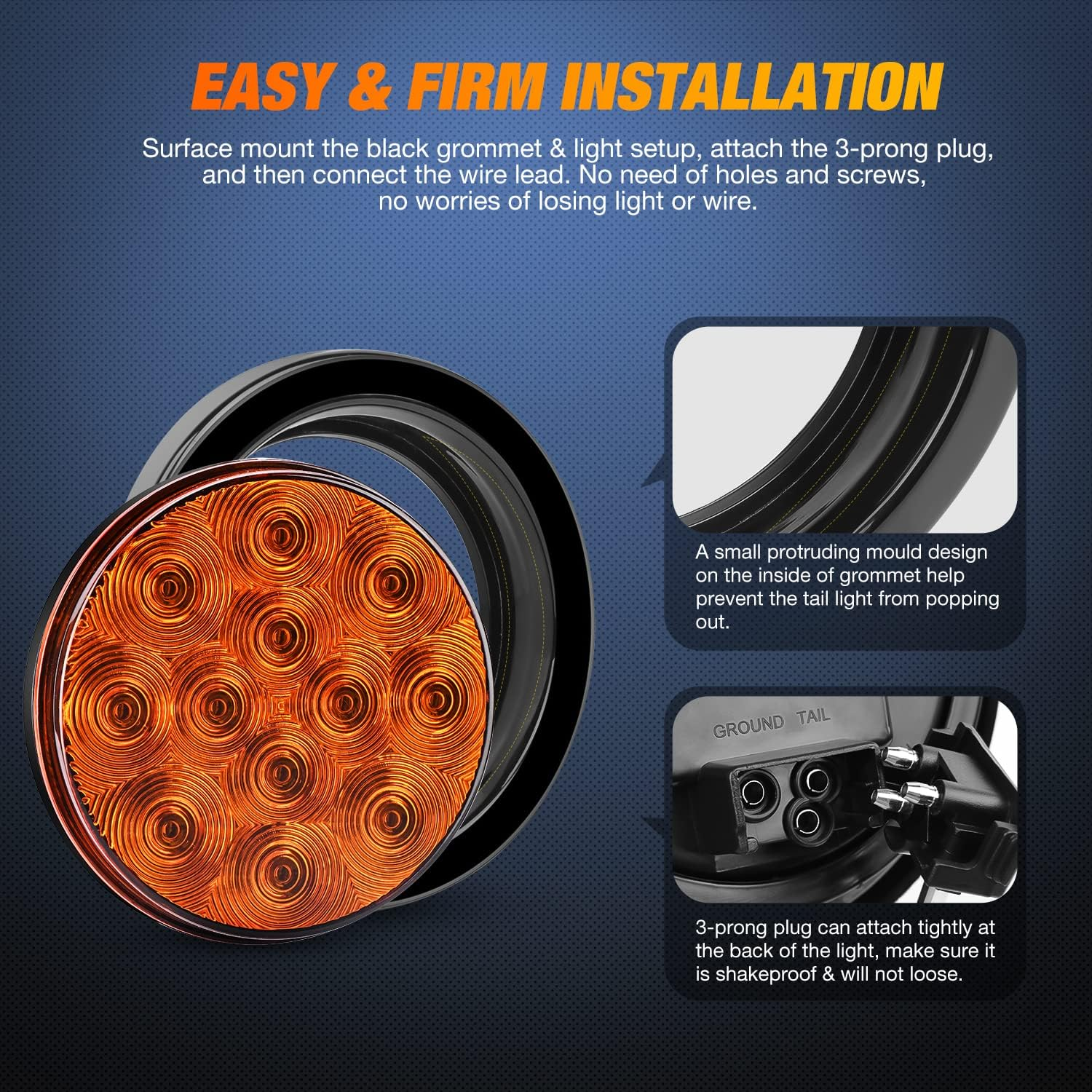 Nilight 2Pcs LED Trailer Tail Lights 4Inch 12LED round Amber Turn Signal W/Surface Mount Grommet Plugs IP67 Park Stop Brake Marker Light for RV Truck Trailer Jeep UTE UTV 12V image number 1