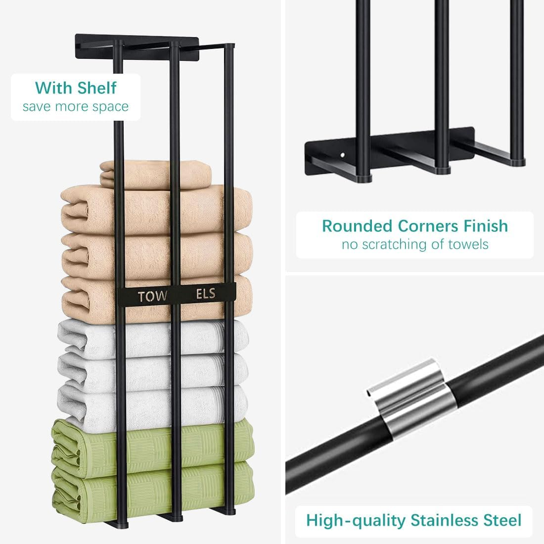 Bath Towel Bars,Towel Racks for Bathroom Wall Mounted, Towel Storage, Metal Bath Towel Holder for Folded Large Washcloths (Black) image number 4