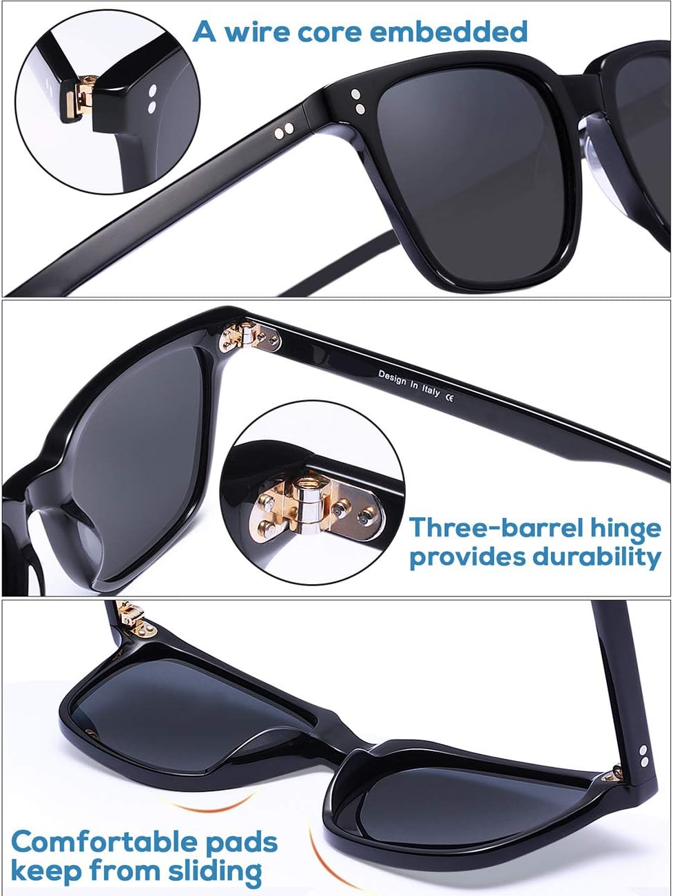 CARFIA Polarized Men'S Sunglasses UV400 Protection for Driving Fishing Cool Man Acetate Shades CA5354L - 3. Black Frame Grey Lens image number 4