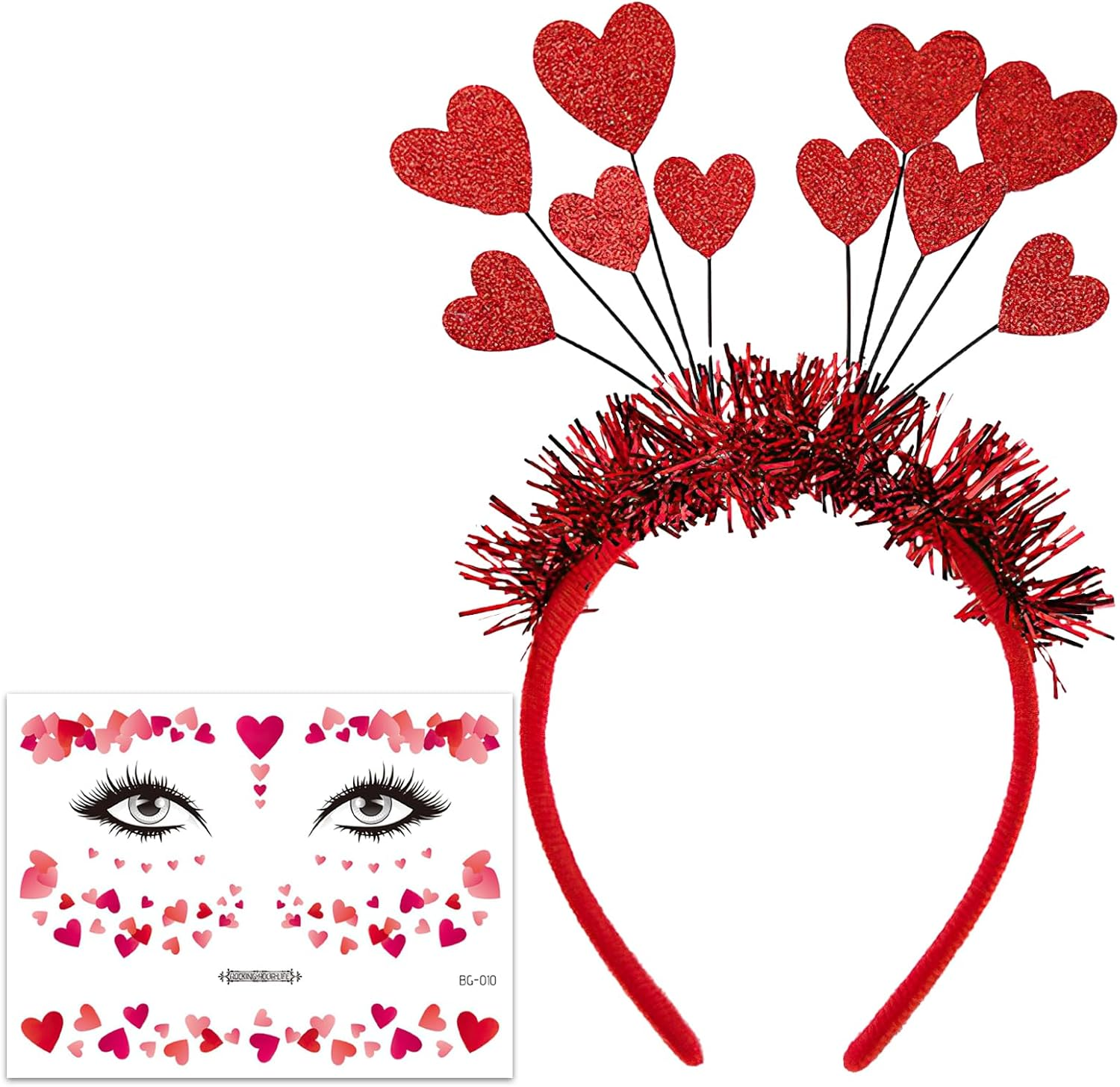 Heart Headband Glitter Headband with Heart + Heart Face Sticker, Heart Headband Red, Heart Face Sticker Face Tattoos, Red Hearts Headband Children Girls for Valentine'S Day Carnival Halloween image number 5