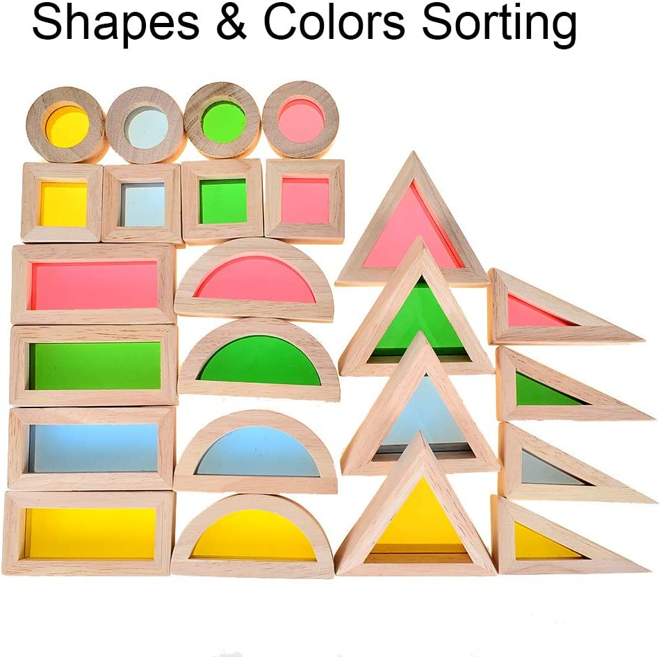 BOHS Rainbow Acrylic Blocks (24 Pcs) - Wooden Toys for Toddlers- Play on Light Table/Sunny Window image number 3