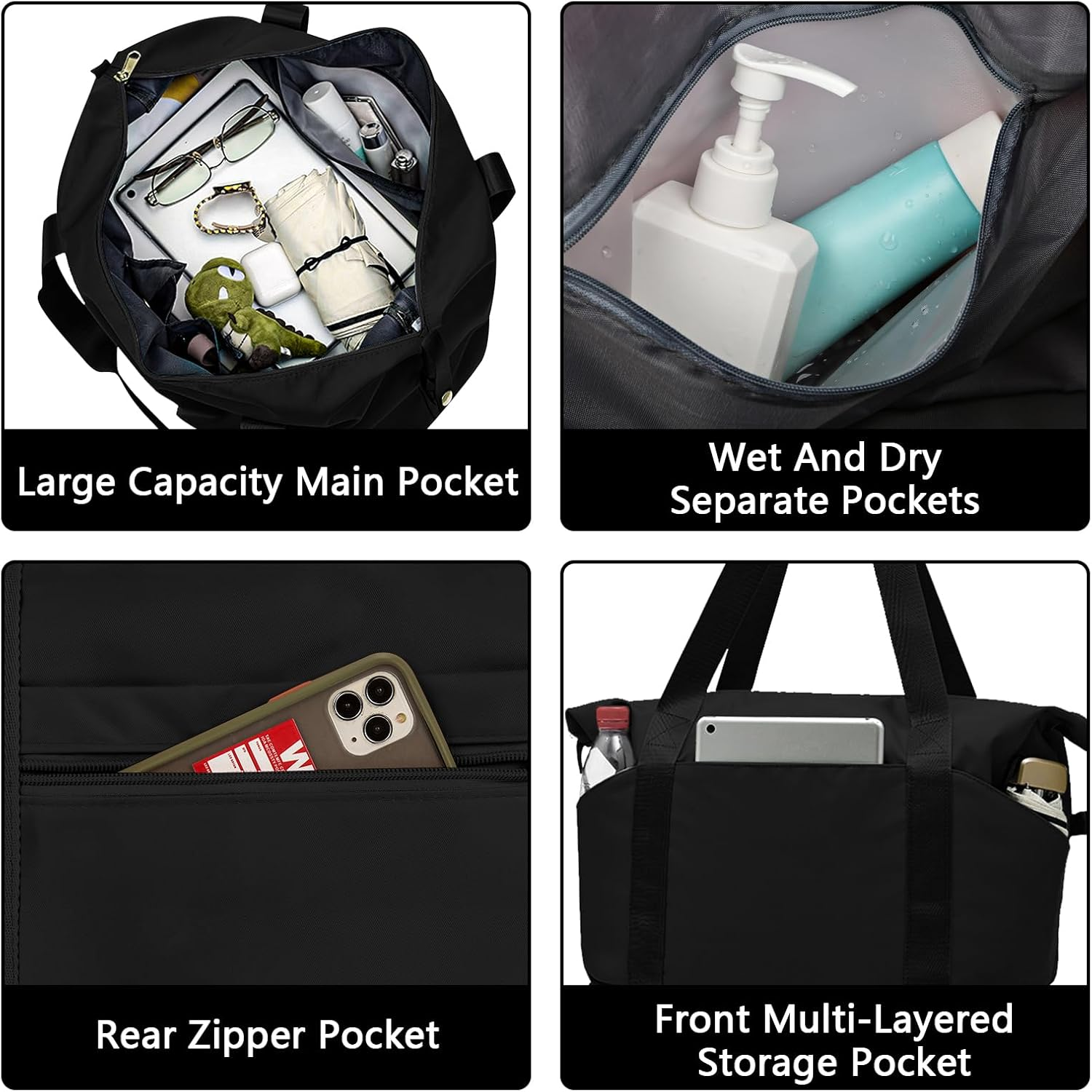 Lizbin Weekender Bags for Women, Personal Item Travel Bag, Overnight Bag Luggage Bag, Foldable Sports Tote Gym Bag for Men, Travel Tote Bags with Detachable Shoulder Strap and Wet Compartment (Black) image number 6