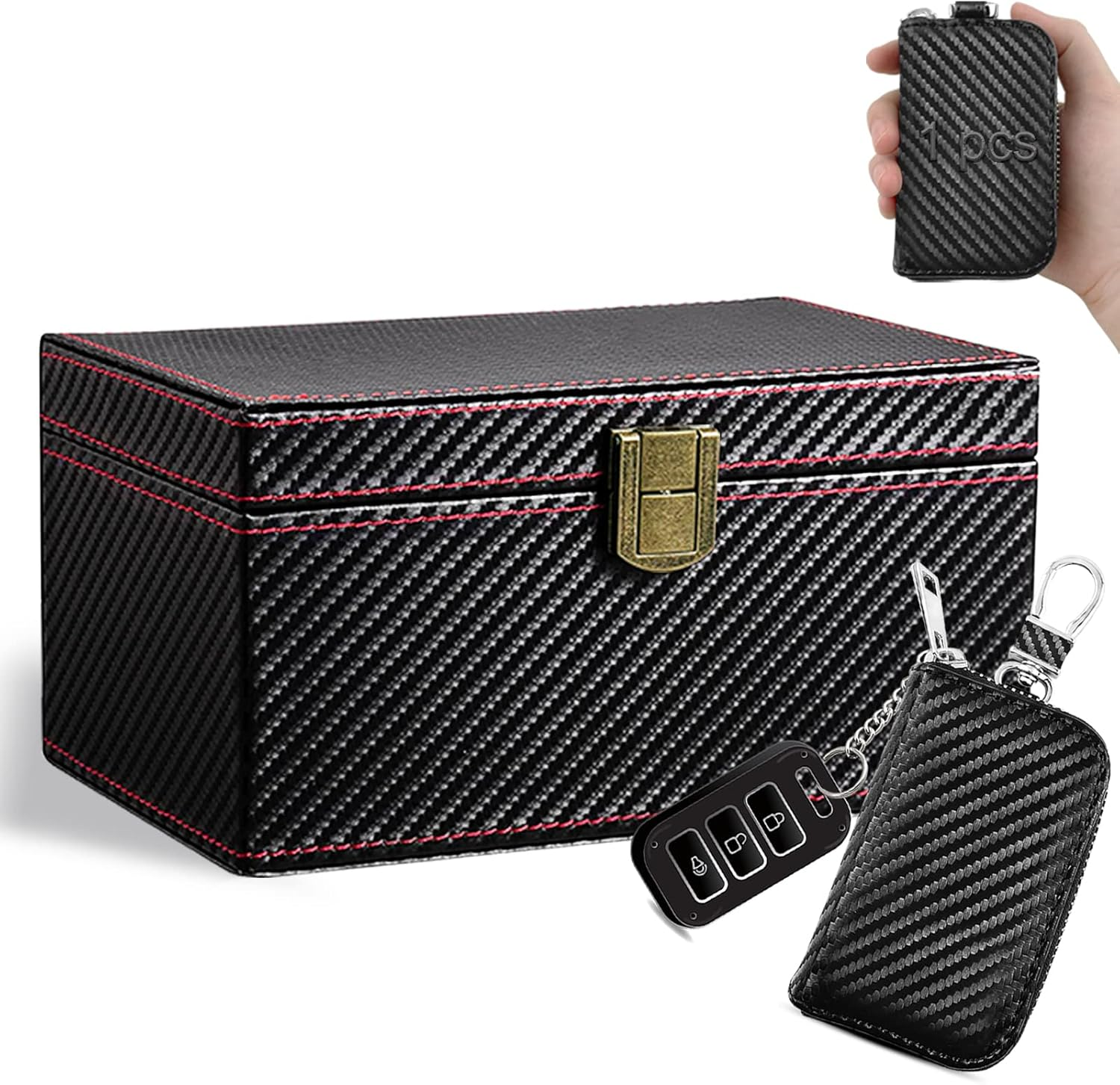Atfart Faraday Box and Bag for Key Fob Protector - RFID Signal Blocker Pouch, Carbon Fiber Car Theft Prevention (1 Large Box + 1 Key Case) image number 1
