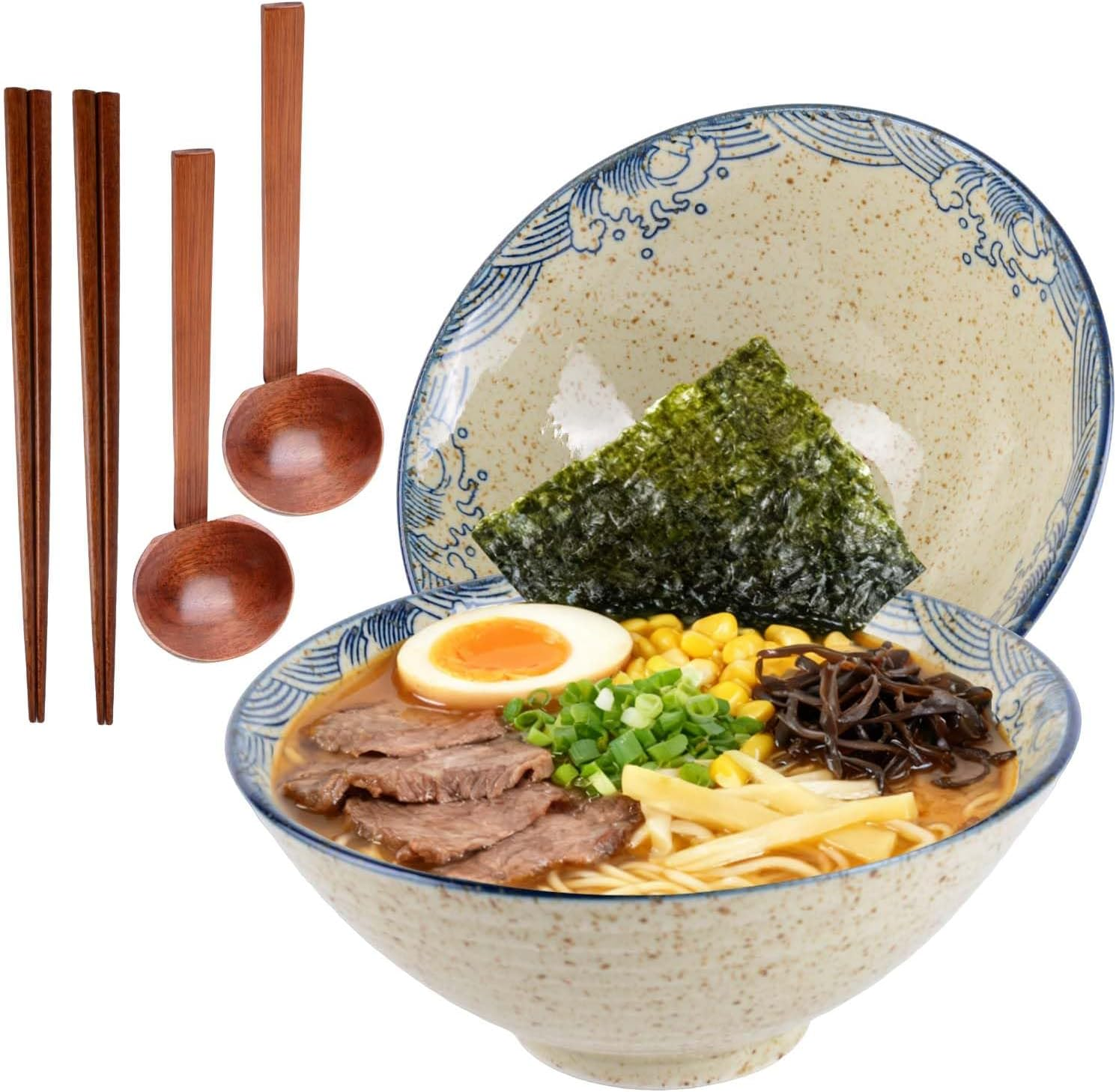 Ceramic Japanese Ramen Bowl Set 40 Oz Noodle Soup Bowl with Matching Spoons and Chopsticks 8 Inch for Udon Soba Miso Soup,Set of 2 image number 5