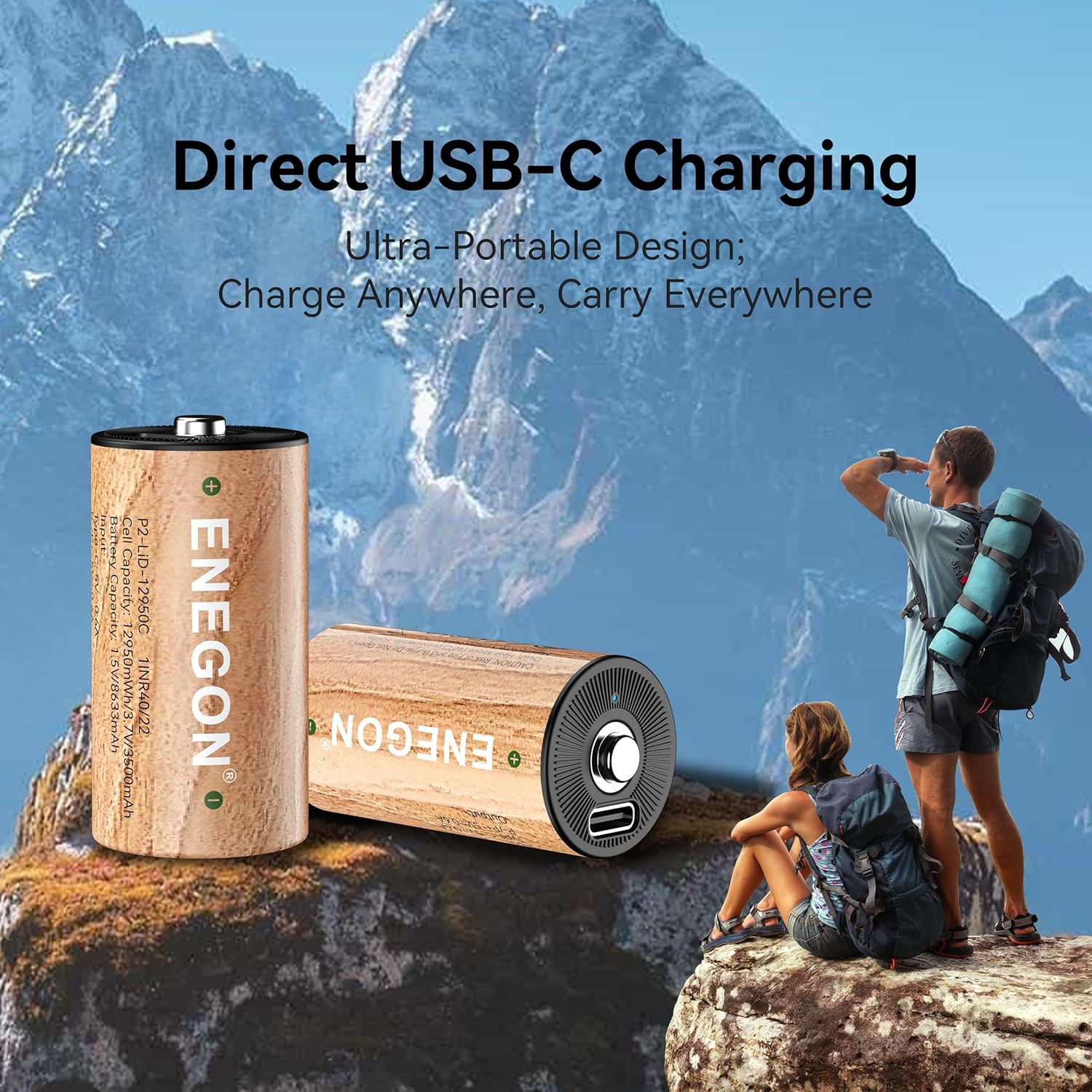 ENEGON Rechargeable D Batteries 12950Mwh (4 Pcs), USB-C Charging Li-Ion D Cell Batteries (2-In-1 Cable Included), LR20 1.5V Long-Lasting for Floodlight Toys, RC Car image number 1