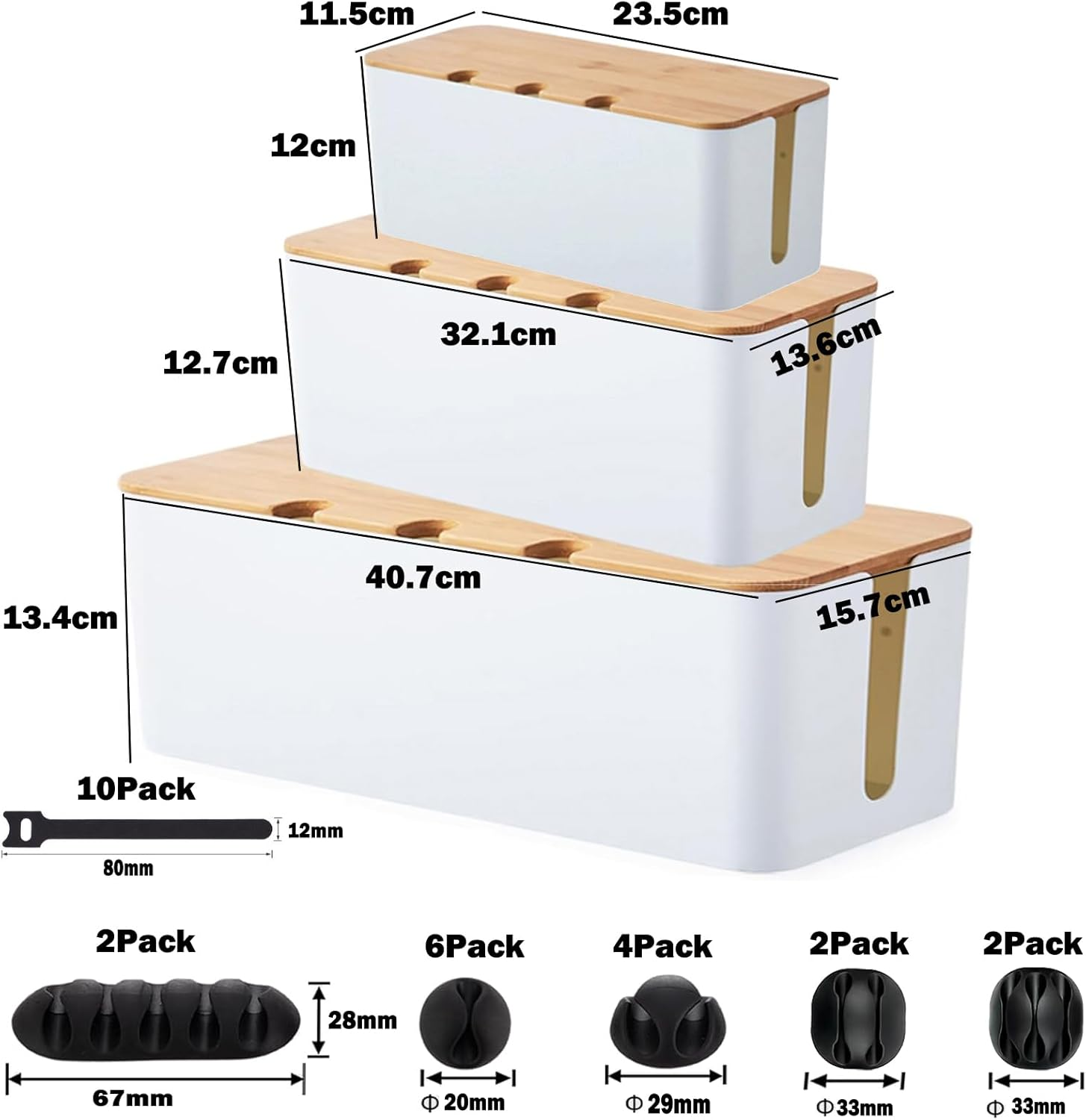 Cable Management Box - 3Pack Medium & Large Cord Organizer for Desk & Floor, Cable Organizer Box for Child & Pet - Cable Box Hider for Tidy Office & Home (Bamboo Print Lid, White Box, Pack of 3) image number 2