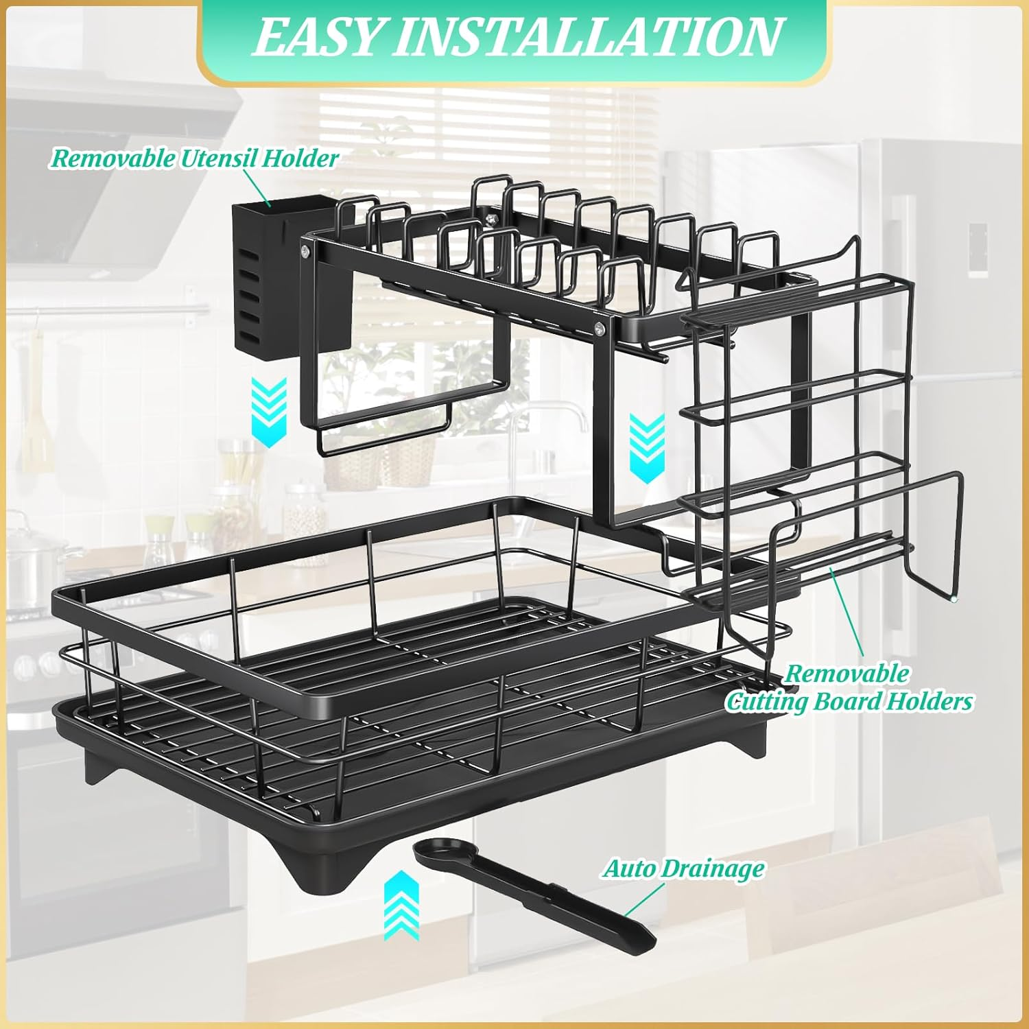 Micomlan Dish Drying Rack - 2 Tier Dish Racks for Kitchen Counter, Large Carbon Steel Dish Drainer Rack with Drainboard Set, Detachable Utensil Holder for Kitchen Storage & Organisation, Black image number 3