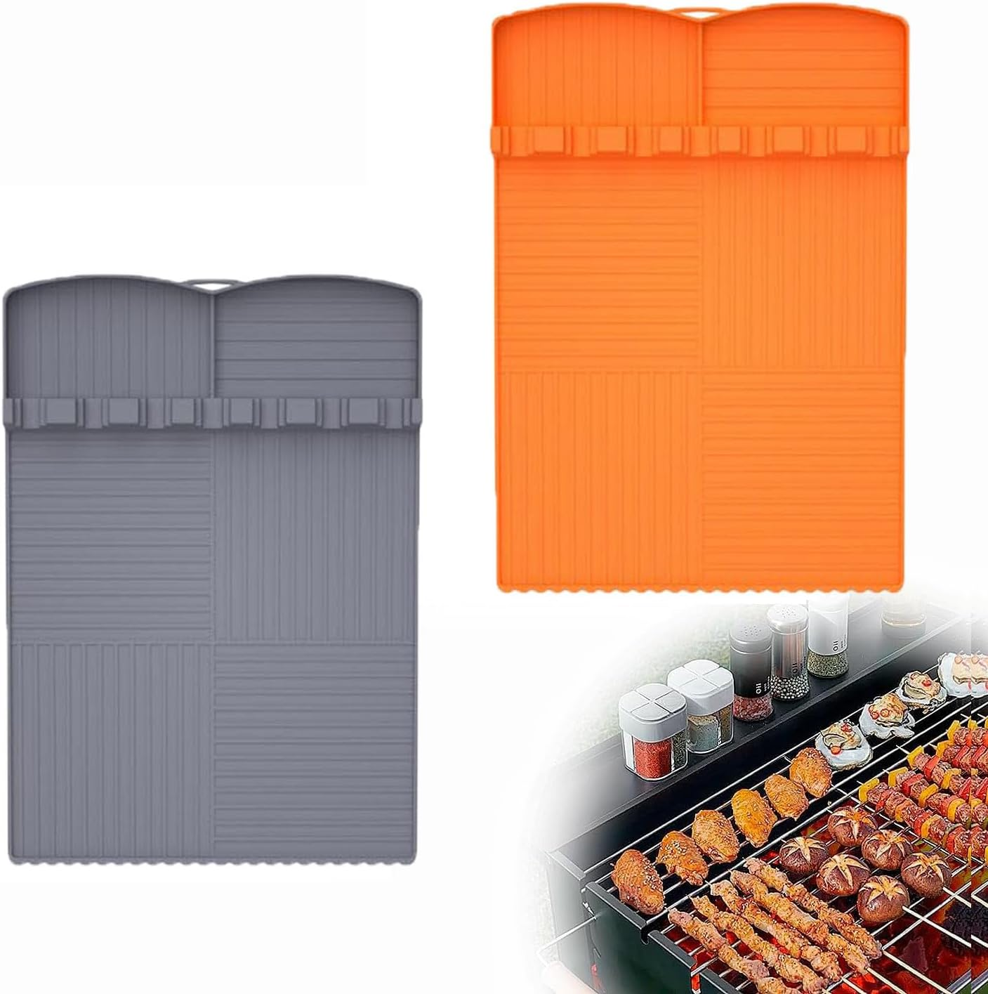 SOVYOULIVE 2PC Silicone Grill Mat Compatible for Blackstone, Silicone Griddle Tools Mat with Drip Pad, Spatula for Outdoor Grill Kitchen Cookiing Countertop (Orange, Gray) image number 3